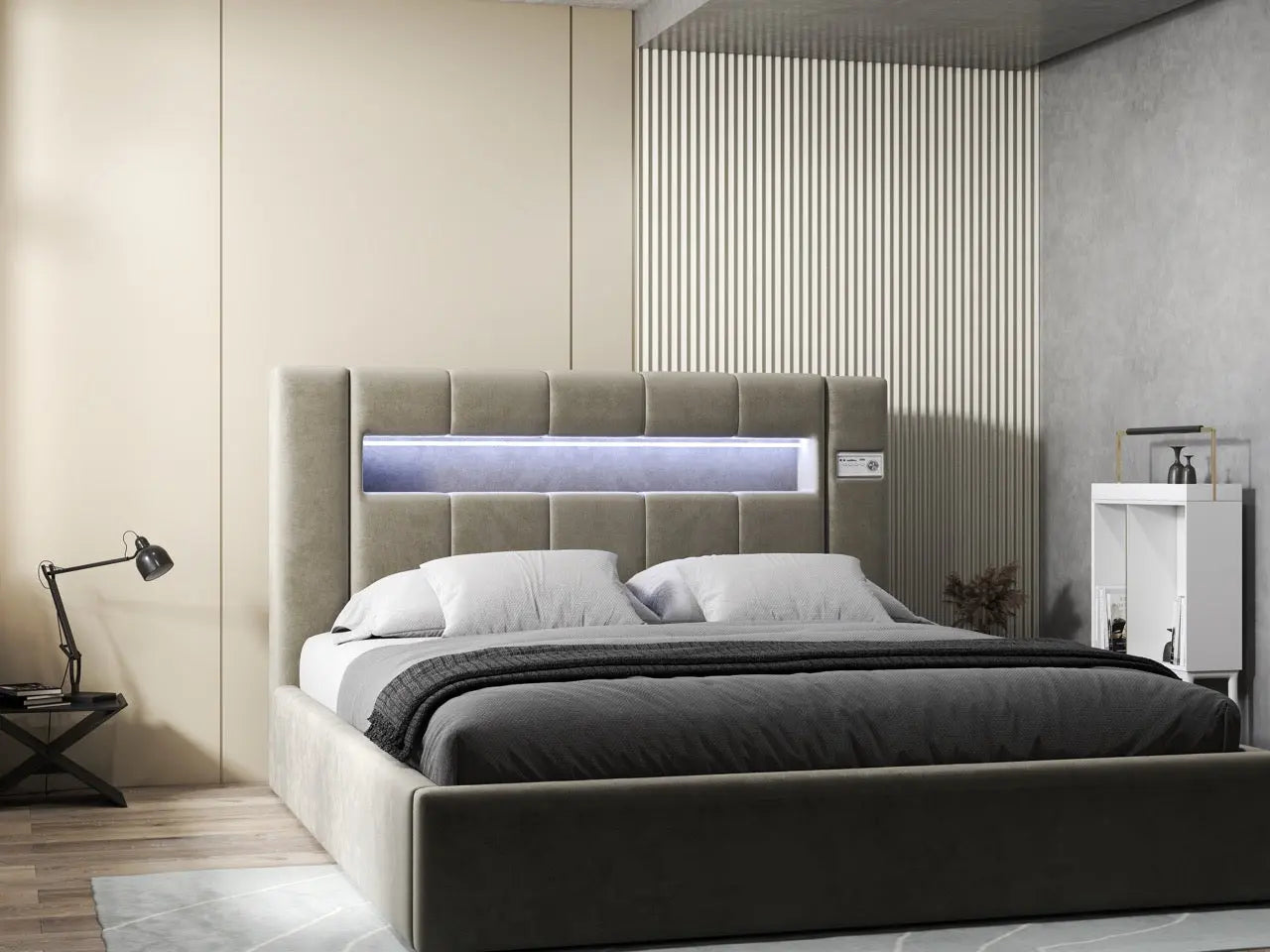 Pat dormitor dumonde, tapitat bej, Glow 180x200 cm, somiera rabatabila inclusa, spatiu depozitare WLS