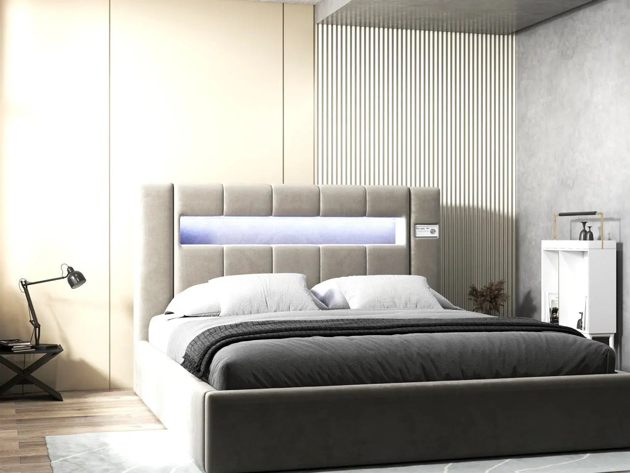 Pat dormitor dumonde, tapitat bej, Glow 160x200 cm, somiera rabatabila inclusa, spatiu depozitare WLS