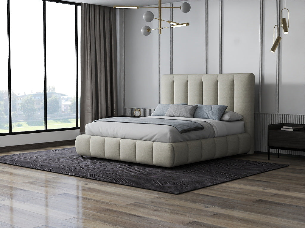 Pat dormitor dumonde, tapitat gri, Divaneo 160x200 cm, somiera rabatabila inclusa, spatiu depozitare WLS