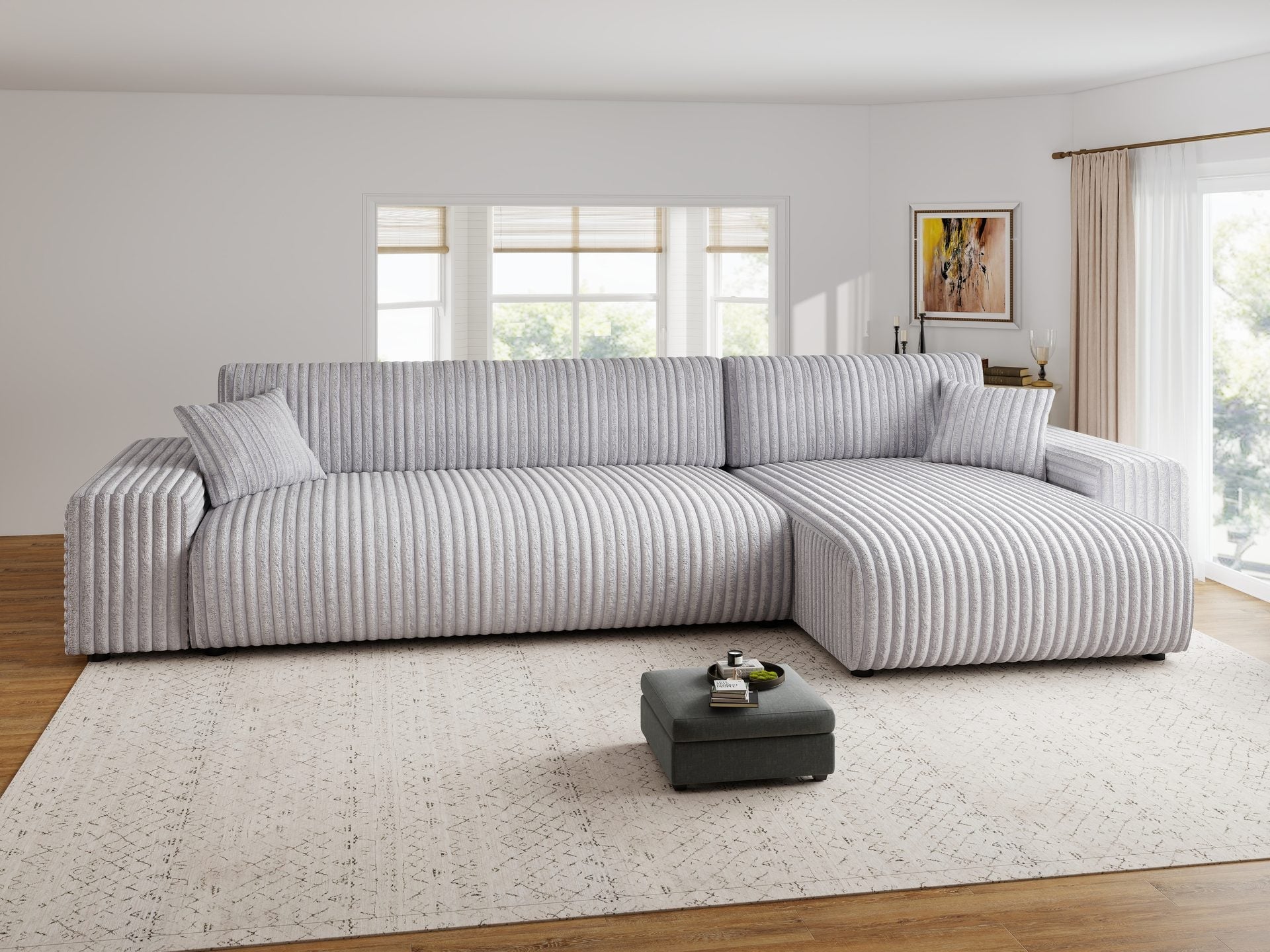 Dumonde kihúzható sarokkanapé tárolórekesszel és kényelmes, nagy sűrűségű habszivacs ülőfelülettel, Justin Tilia gri 294x144 cm
