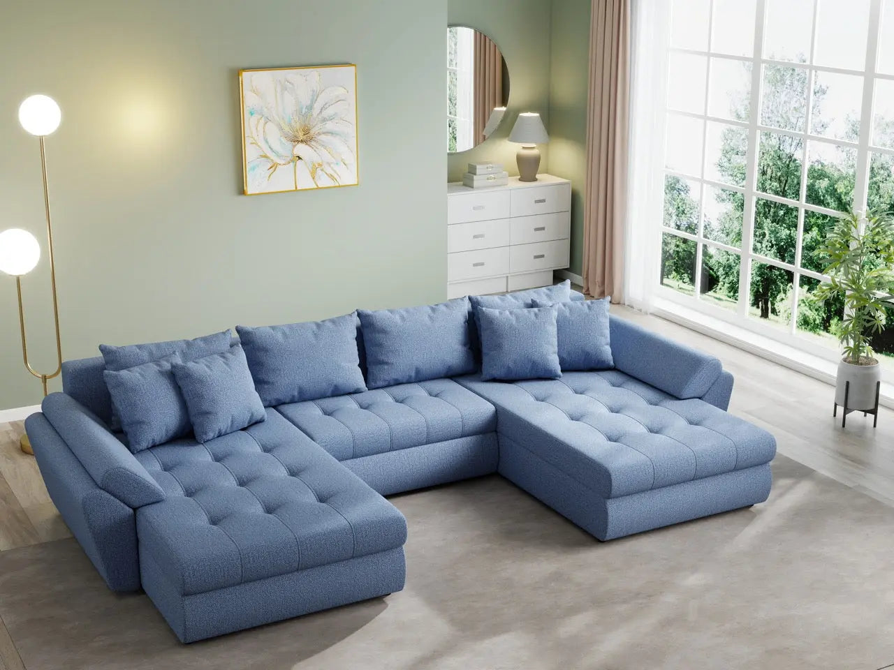 Colțar extensibil  dumonde cu ladă de depozitare si sezut confortabil din spuma HR, Loana U Enjoy Blue 355x185 cm Fabrica