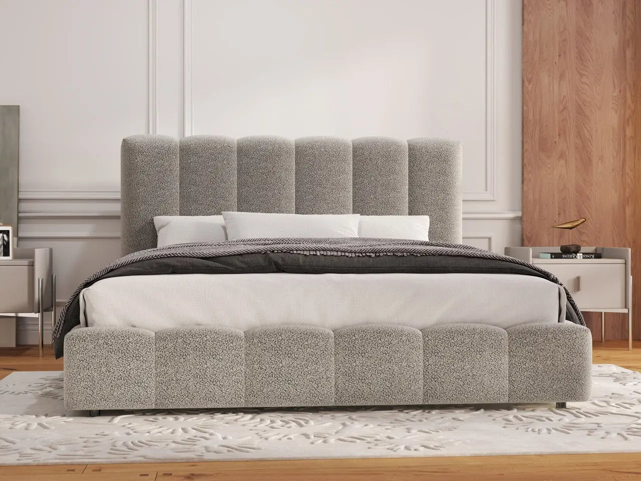 Pat dormitor dumonde, tapitat gri, Milano 180x200 cm, somiera rabatabila inclusa, spatiu depozitare WLS