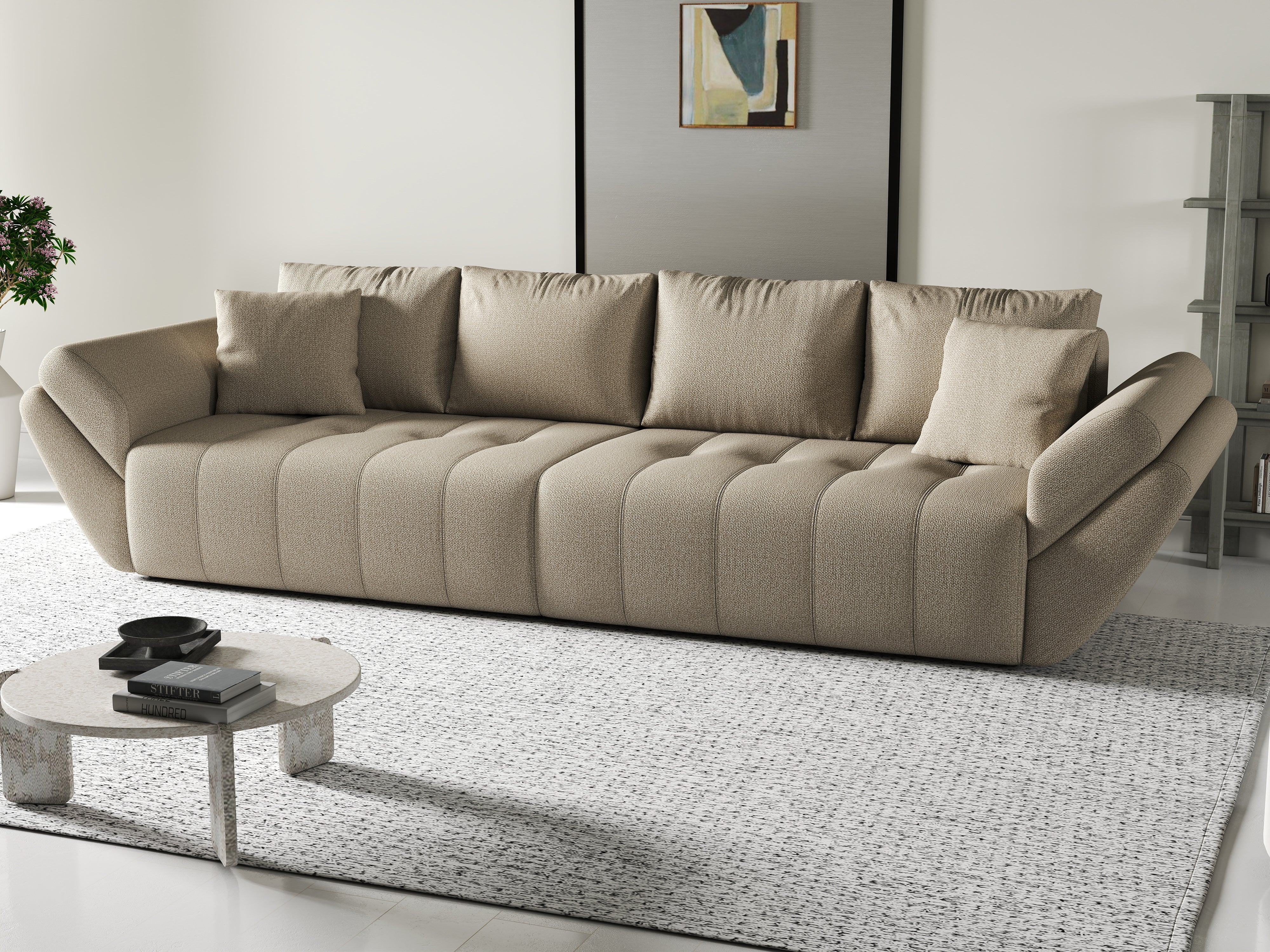 Canapea extensibilă dumonde cu ladă de depozitare si sezut confortabil din spuma HR, Berlin Enjoy Camel 300x100 cm Fabrica