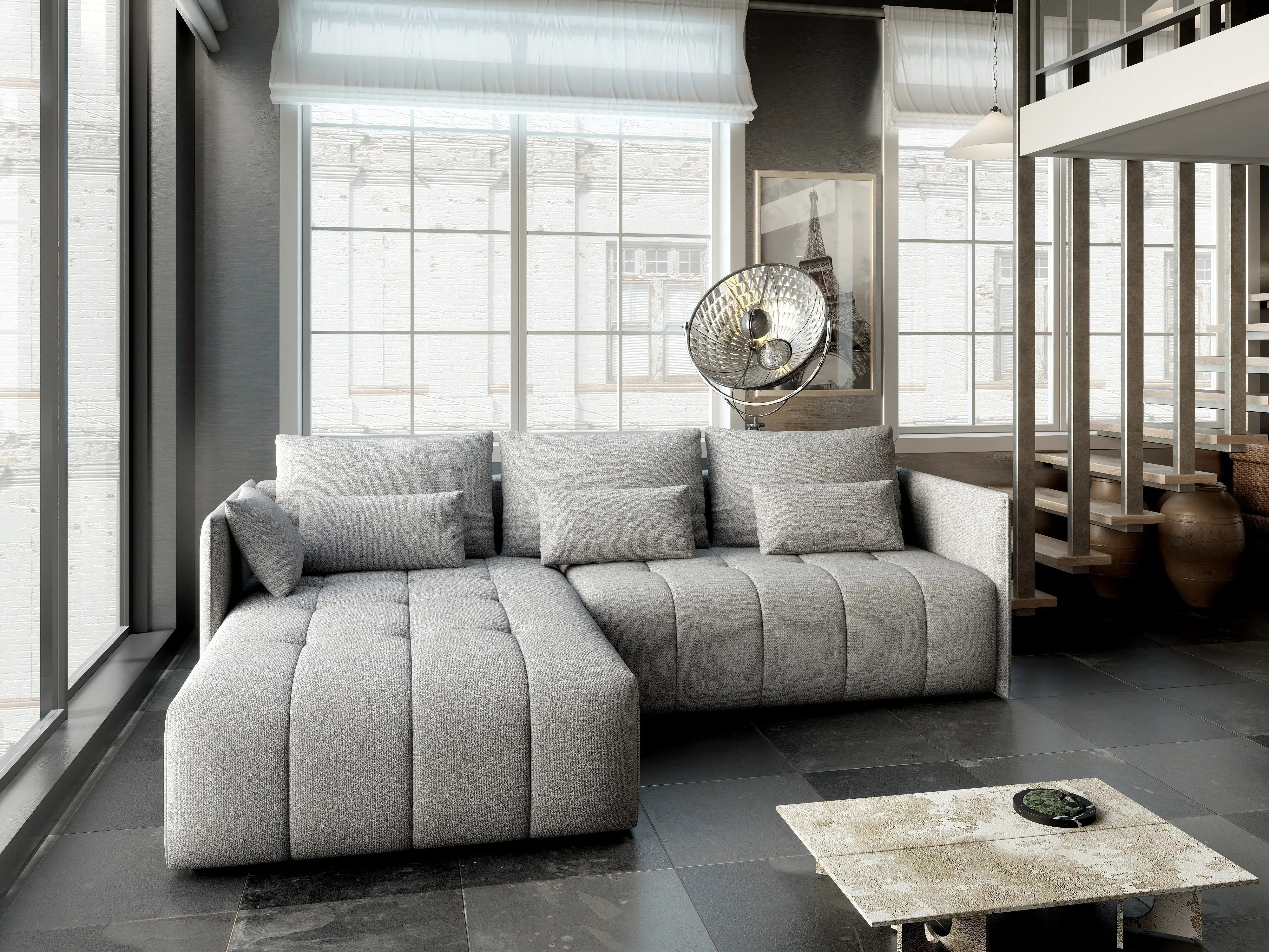 Colțar extensibil dumonde cu ladă de depozitare si sezut confortabil din spuma HR, Malta Enjoy Silver 235x185 cm Fabrica