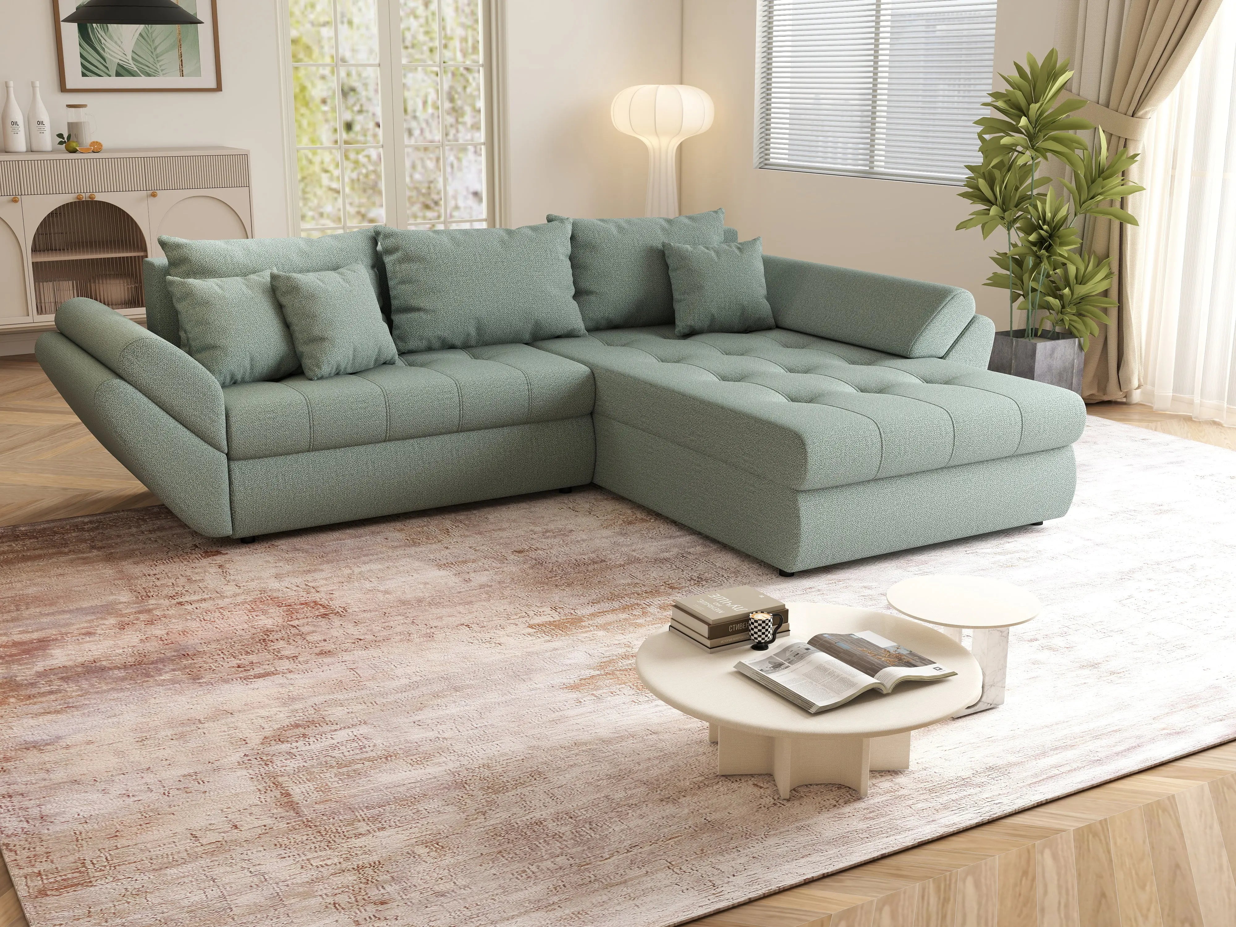 Colțar extensibil dumonde cu ladă de depozitare si sezut confortabil din spuma HR, Loana Mint II 270x185 cm Fabrica