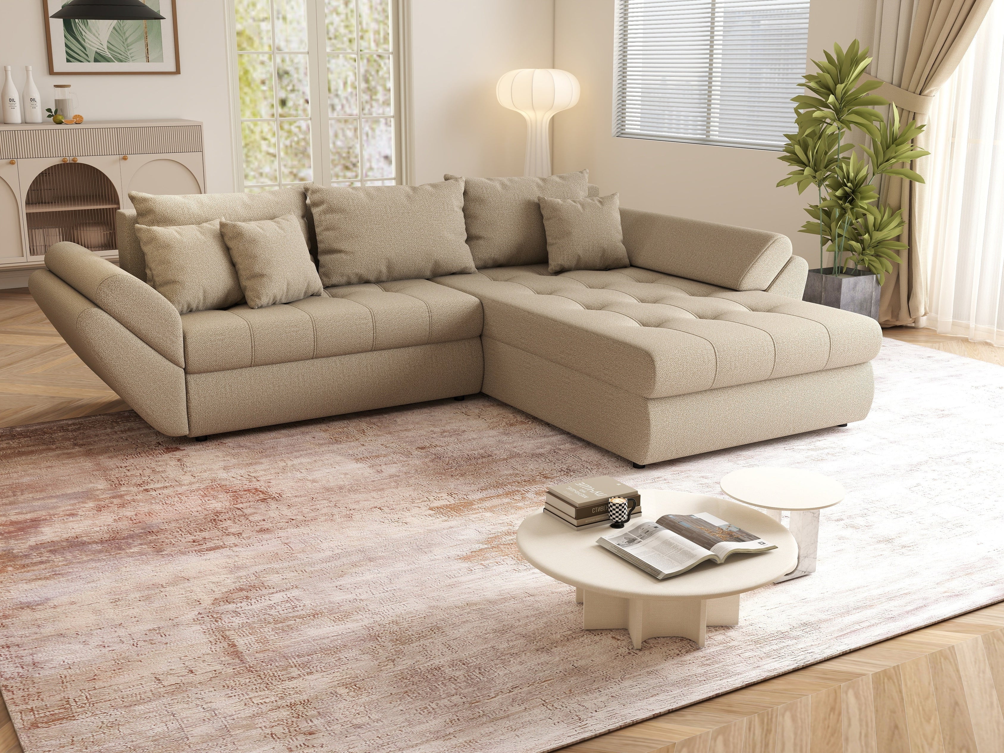 Colțar extensibil dumonde cu ladă de depozitare si sezut confortabil din spuma HR, Loana Enjoy Camel II 270x185 cm Fabrica