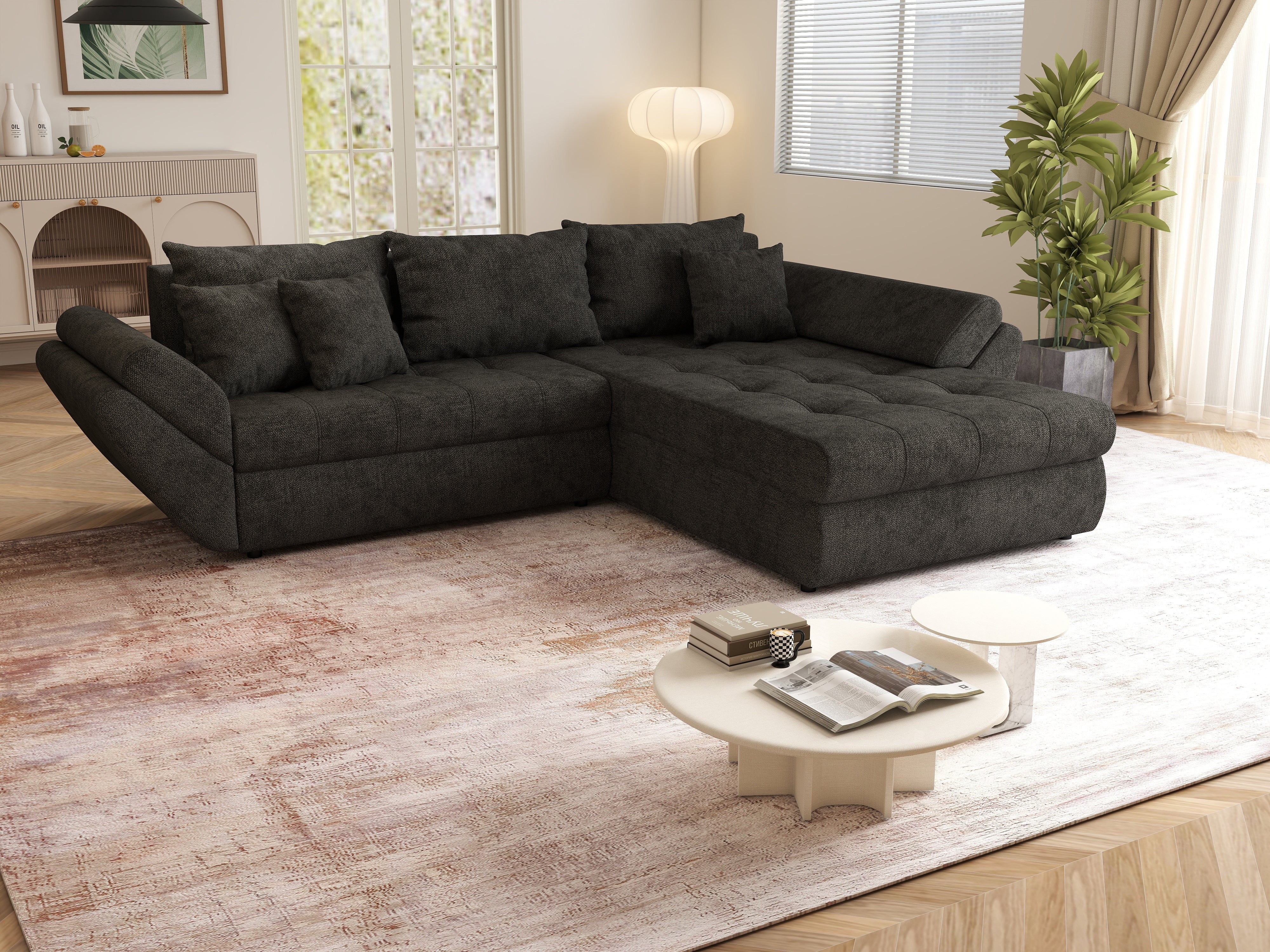 Colțar extensibil dumonde cu ladă de depozitare si sezut confortabil din spuma HR, Loana Enjoy Black 270x185 cm Fabrica