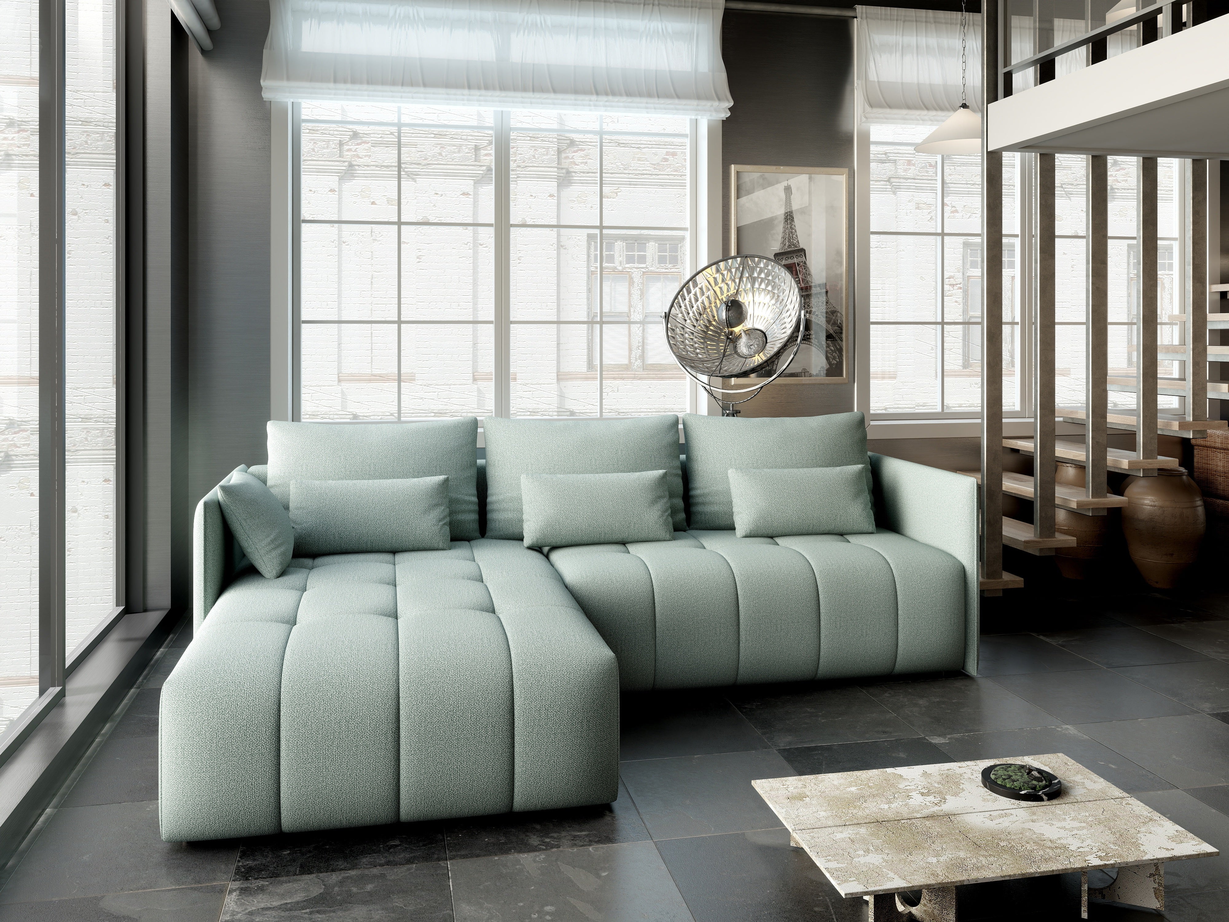 Colțar extensibil dumonde cu ladă de depozitare si sezut confortabil din spuma HR, Malta Enjoy Mint 235x185 cm Fabrica