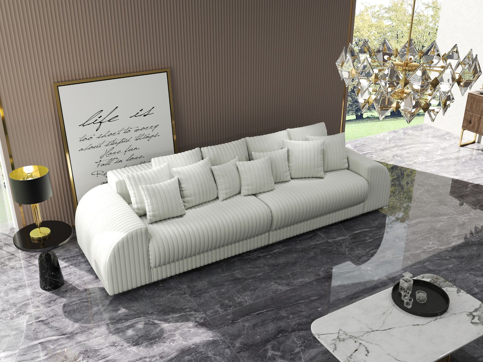 Canapea extensibilă dumonde cu 2 lăzi de depozitare si sezut confortabil din spuma HR, Verona Ambiance Ivory 310x100 cm Fabrica