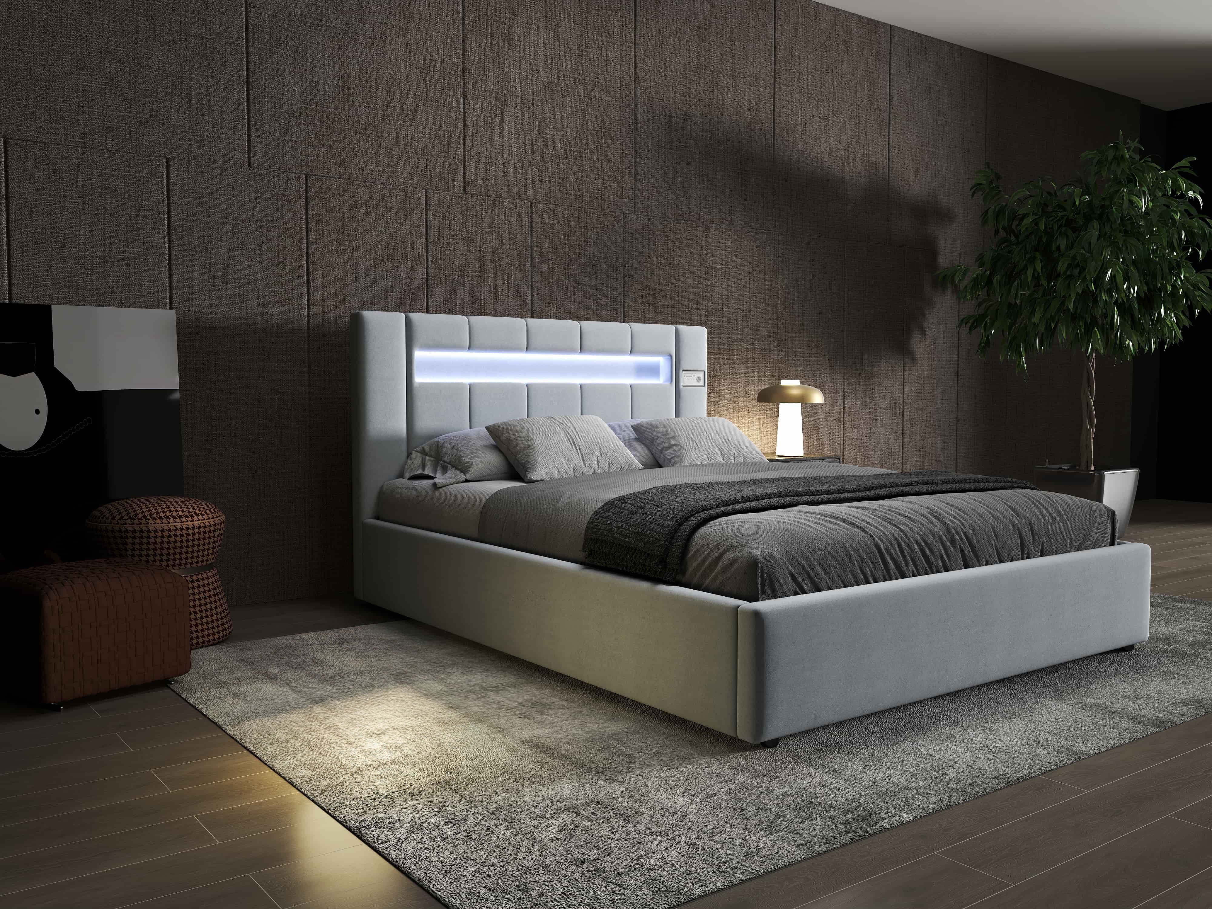 Pat dormitor dumonde, tapitat gri, Glow 140x200 cm, somiera rabatabila inclusa, spatiu depozitare WLS