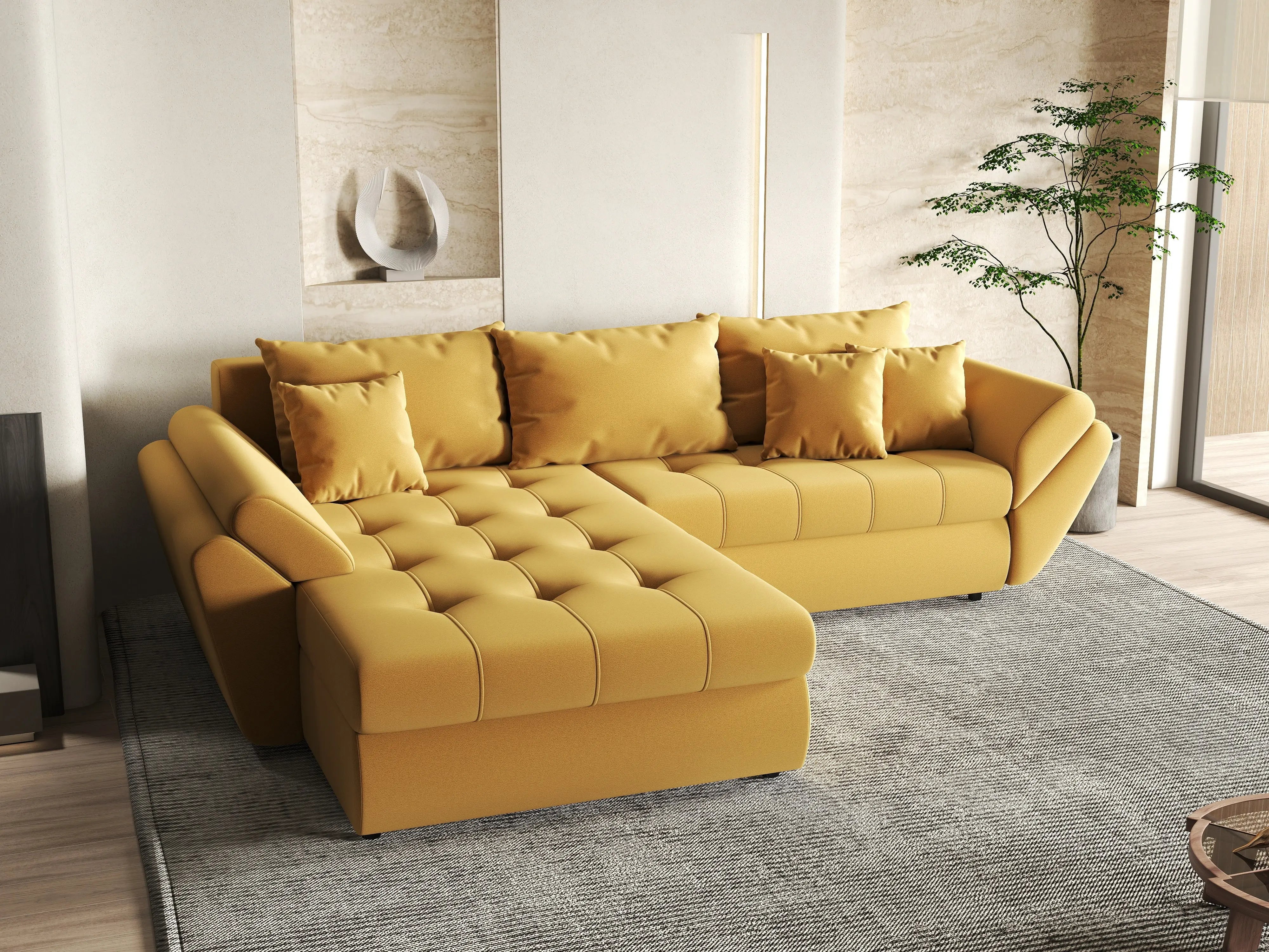 Colțar extensibil dumonde cu ladă de depozitare si sezut confortabil din spuma HR, Loana Muștar 270x185 cm Fabrica