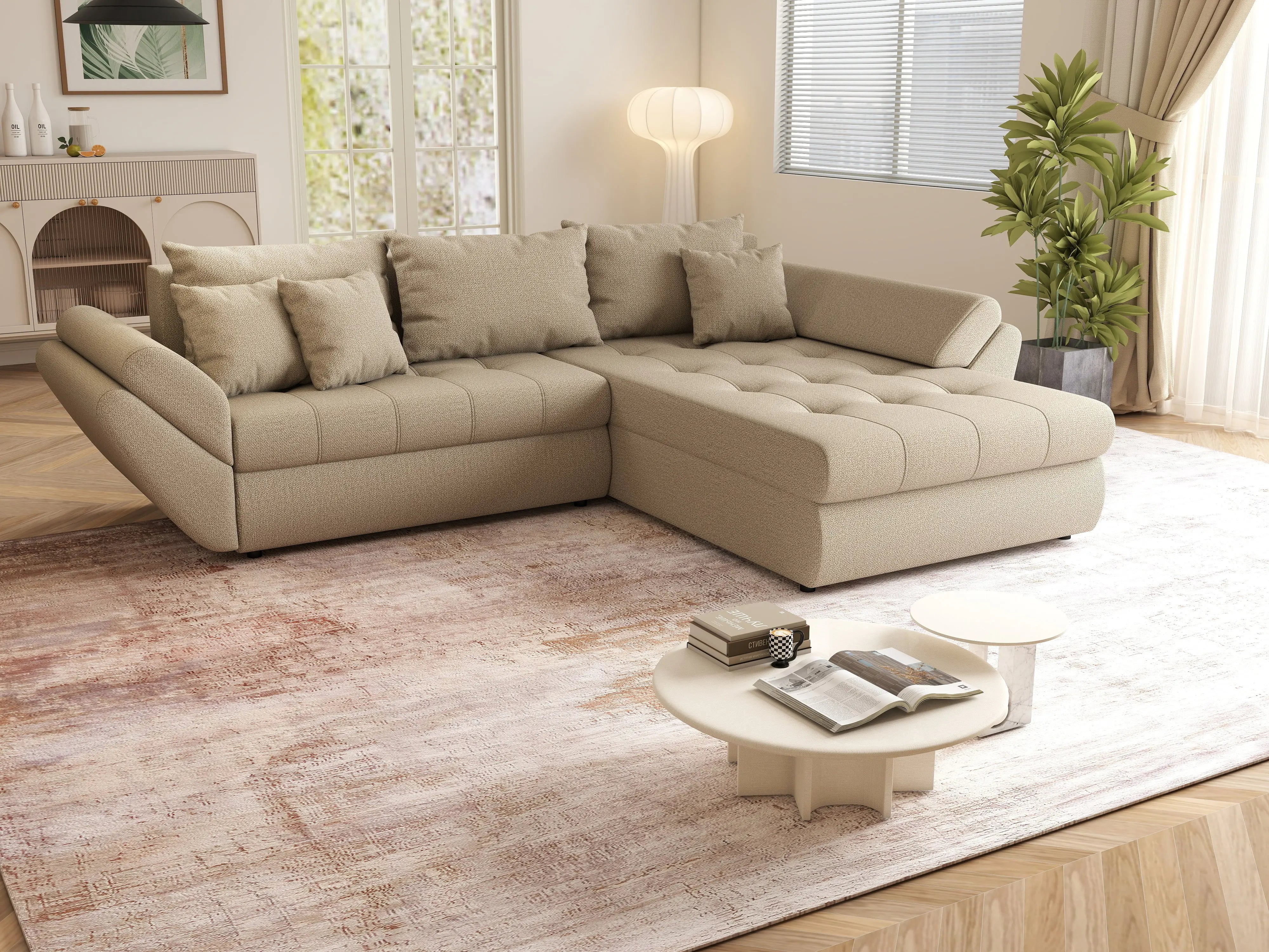 Colțar extensibil dumonde cu ladă de depozitare si sezut confortabil din spuma HR, Loana Camel II 270x185 cm Fabrica