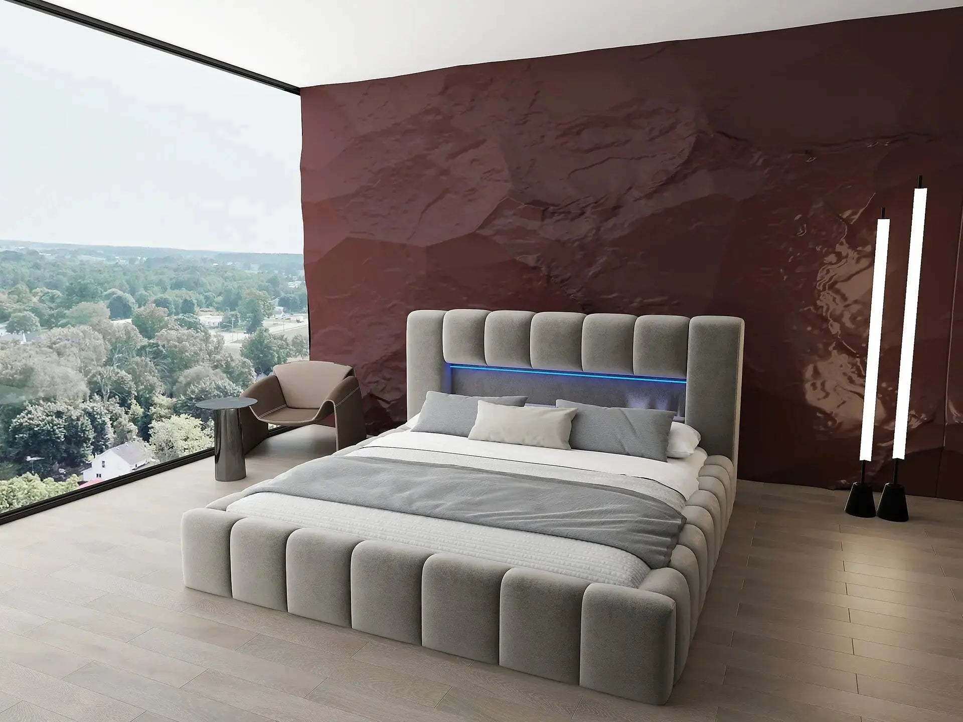 Pat dormitor dumonde, tapitat bej cu LED si USB, Palermo 160x200 cm, somiera rabatabila inclusa, spatiu depozitare WLS