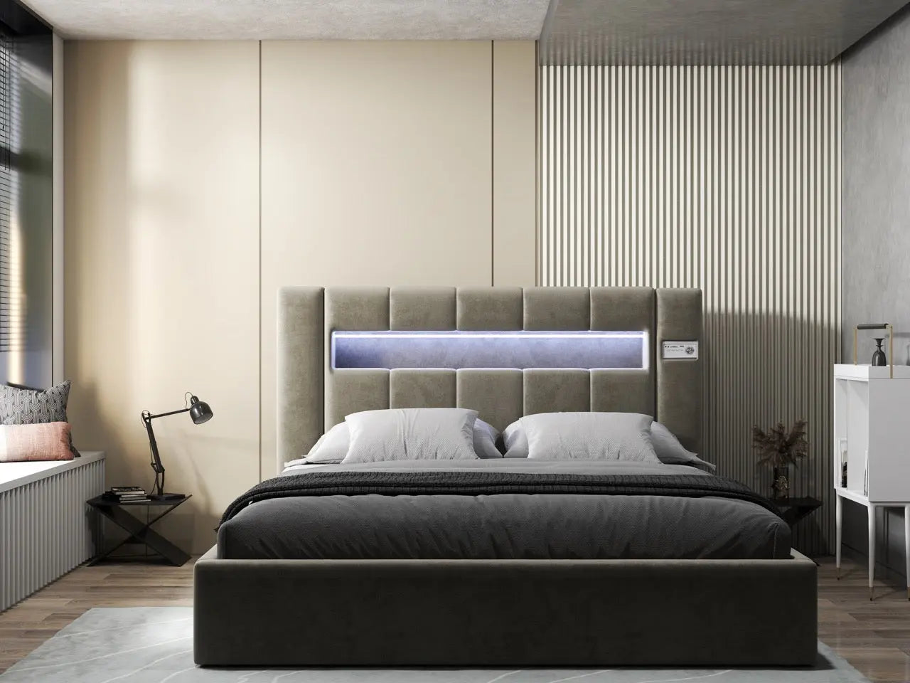 Pat dormitor dumonde, tapitat bej, Glow 180x200 cm, somiera rabatabila inclusa, spatiu depozitare WLS