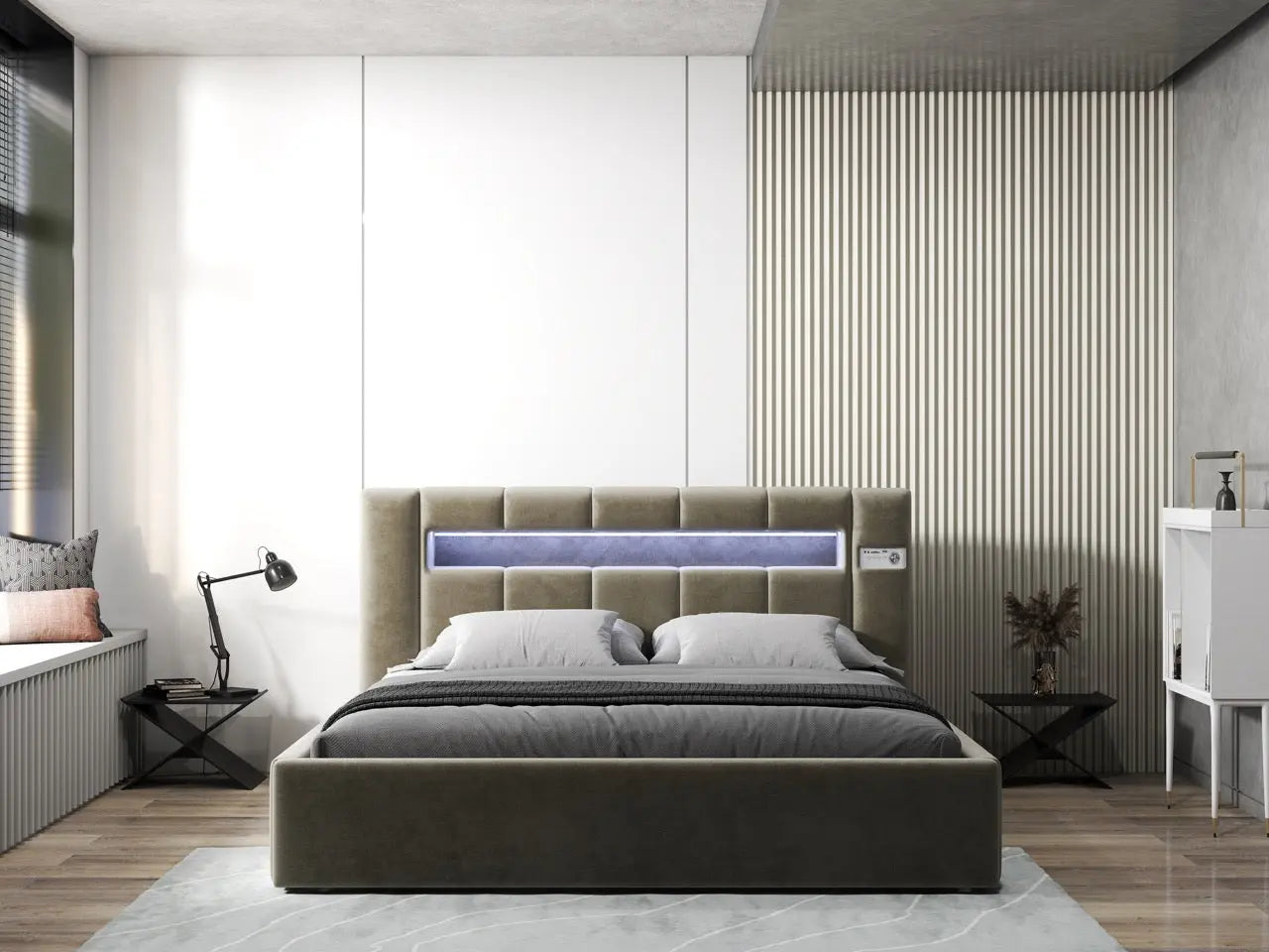 Pat dormitor dumonde, tapitat bej, Glow 160x200 cm, somiera rabatabila inclusa, spatiu depozitare WLS