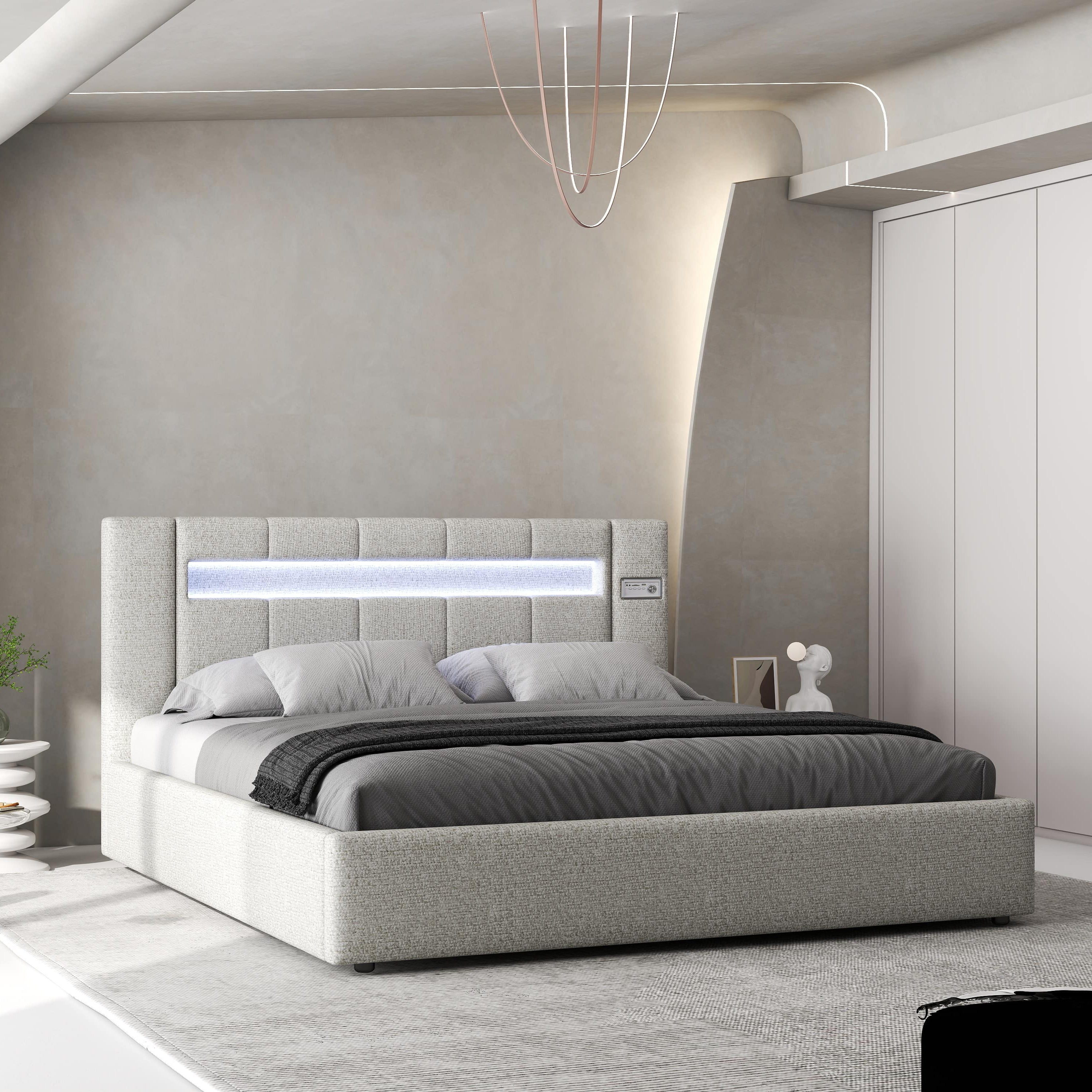Pat dormitor dumonde, tapitat gri, Glow 160x200 cm, somiera rabatabila inclusa, spatiu depozitare WLS