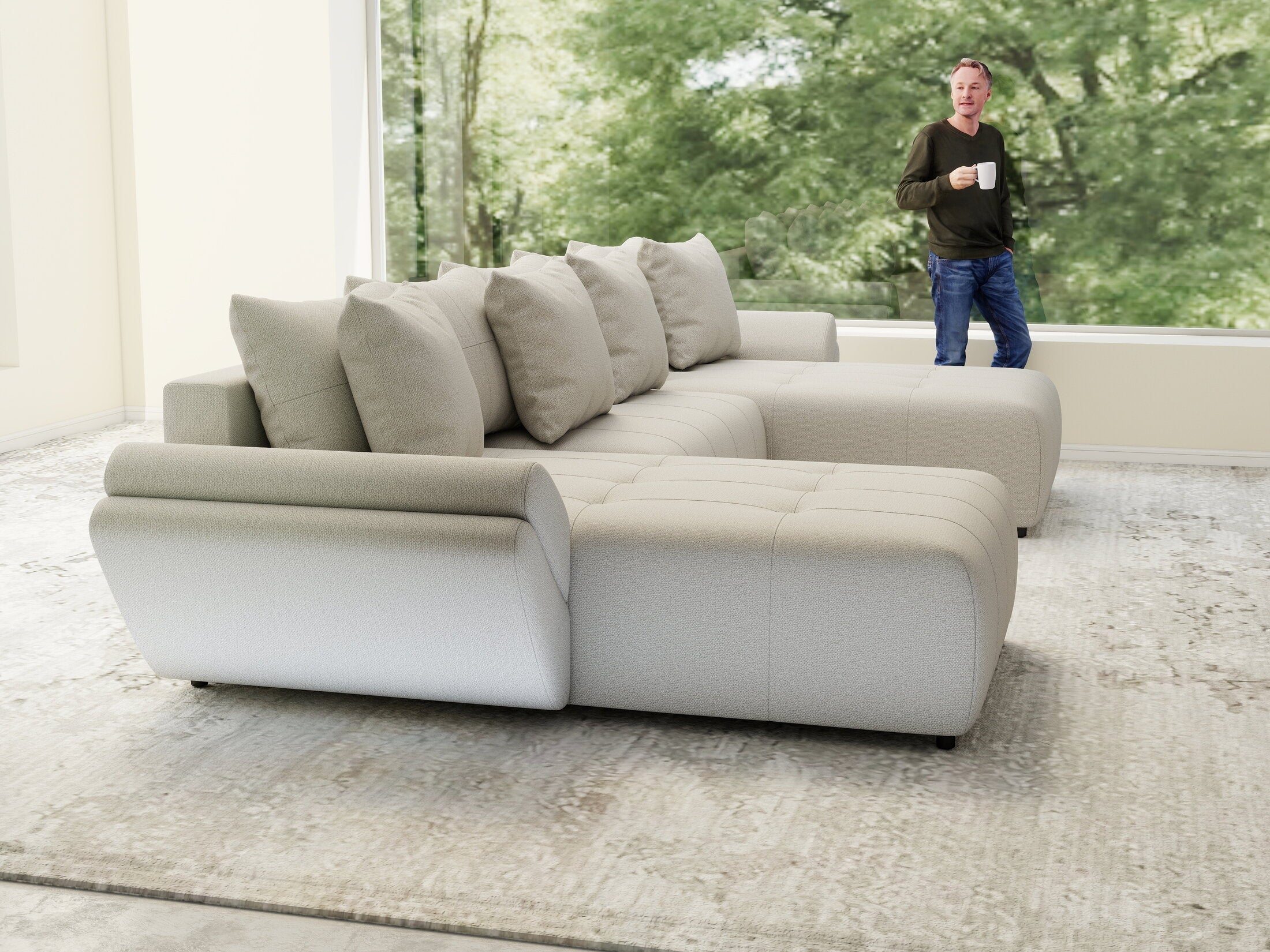 Colțar extensibil dumonde cu ladă de depozitare si sezut confortabil din spuma high-density, Berlin U Enjoy Bej 400x185 cm