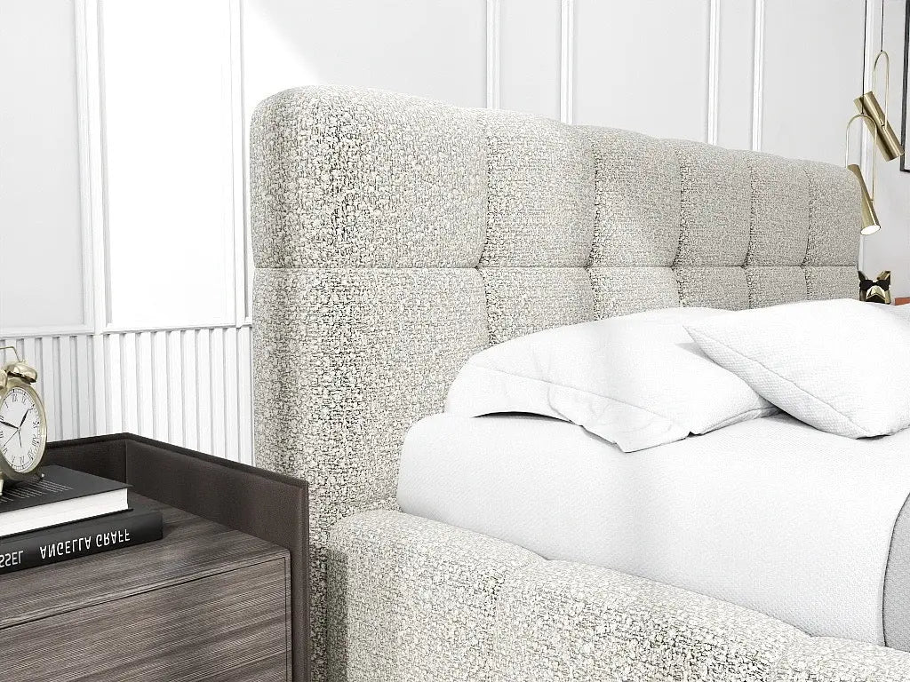 Pat dormitor dumonde, tapitat gri, Lorenzo 140x200 cm, somiera rabatabila inclusa, spatiu depozitare WLS