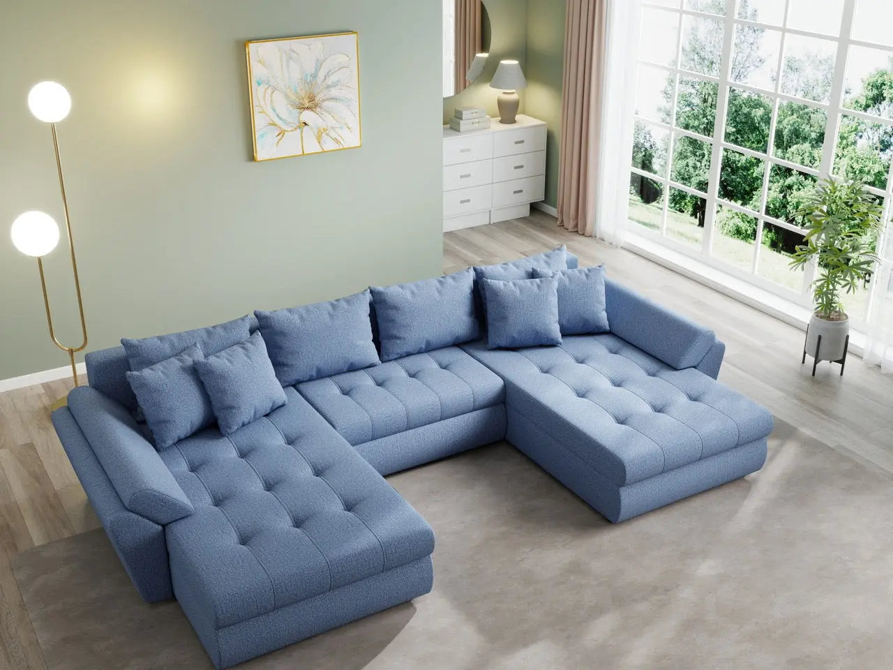 Colțar extensibil  dumonde cu ladă de depozitare si sezut confortabil din spuma HR, Loana U Enjoy Blue 355x185 cm Fabrica