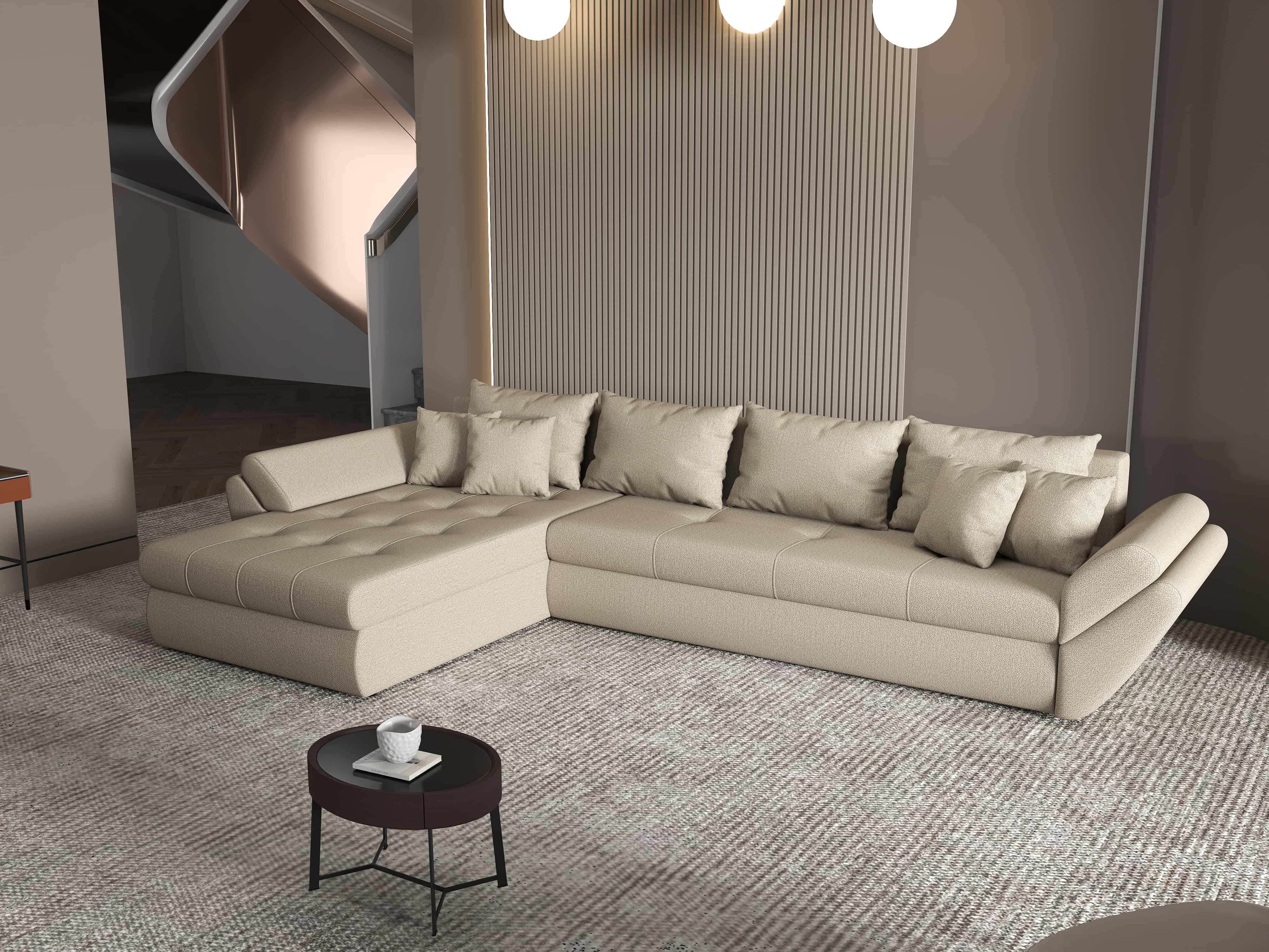 Colțar extensibil dumonde cu ladă de depozitare si sezut confortabil din spuma HR, Loana XL Enjoy Camel 335x185 cm Fabrica