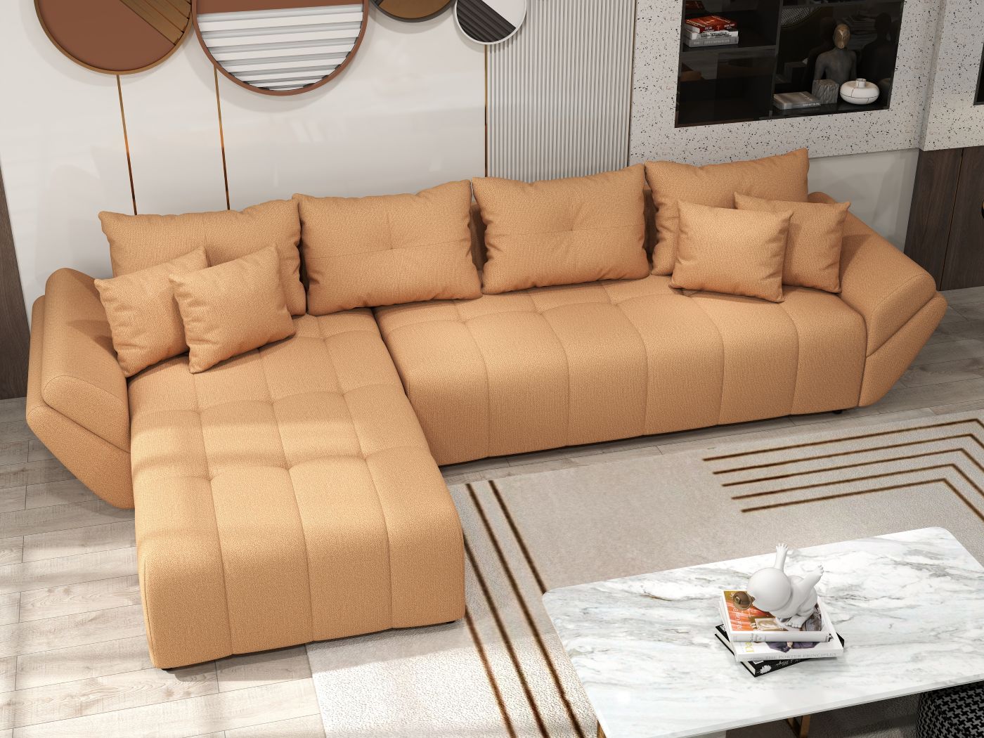Colțar extensibil dumonde cu ladă de depozitare si sezut confortabil din spuma HR, Berlin XL Enjoy Mango 350x185 cm II Fabrica