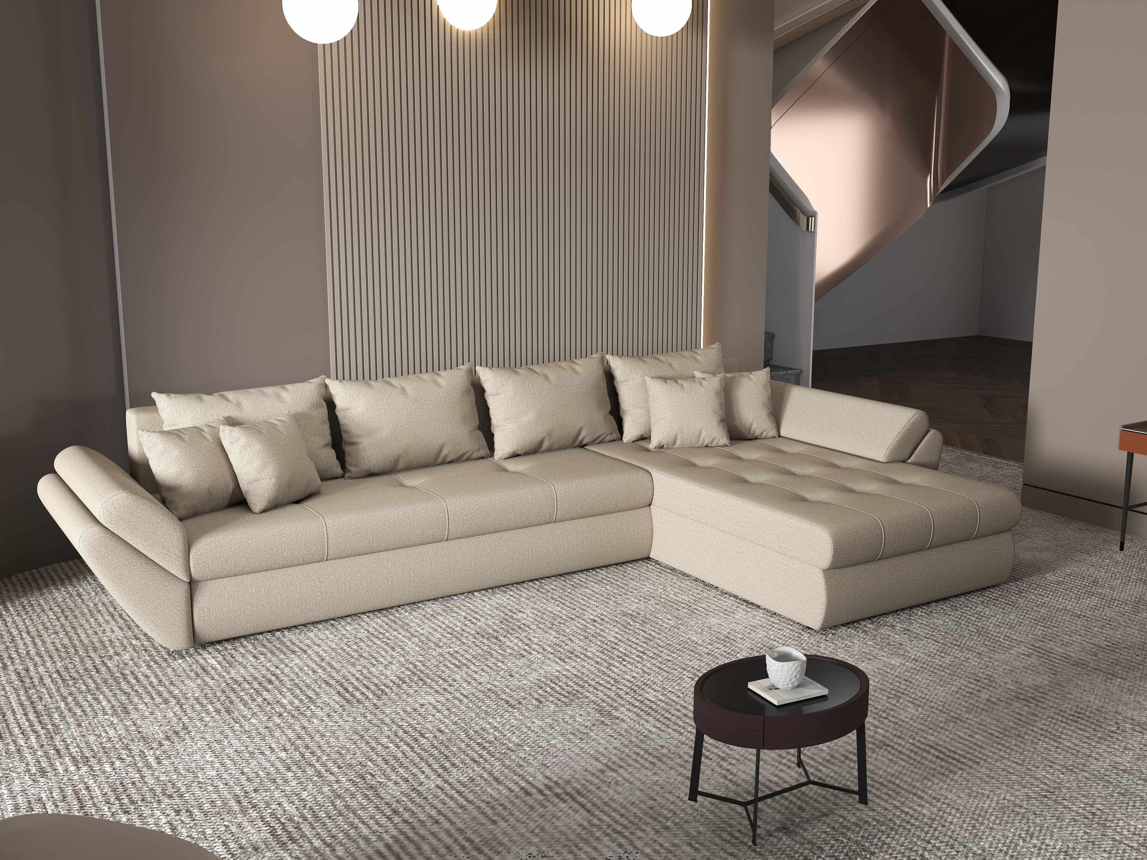 Colțar extensibil dumonde cu ladă de depozitare si sezut confortabil din spuma HR, Loana XL Enjoy Camel II 335x185 cm Fabrica