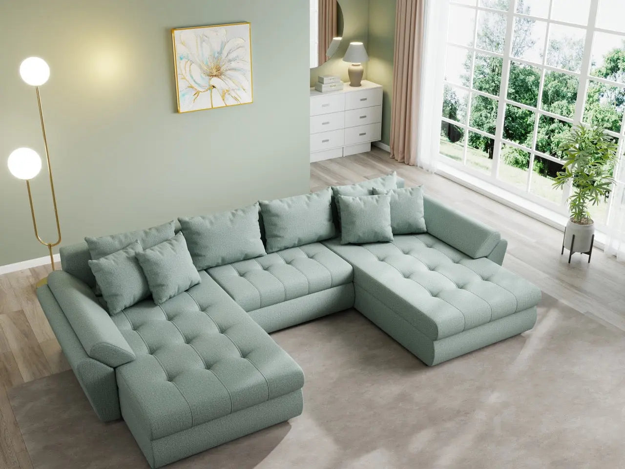 Colțar extensibil dumonde cu ladă de depozitare si sezut confortabil din spuma HR, Loana U Enjoy Mint 355x185 cm Fabrica