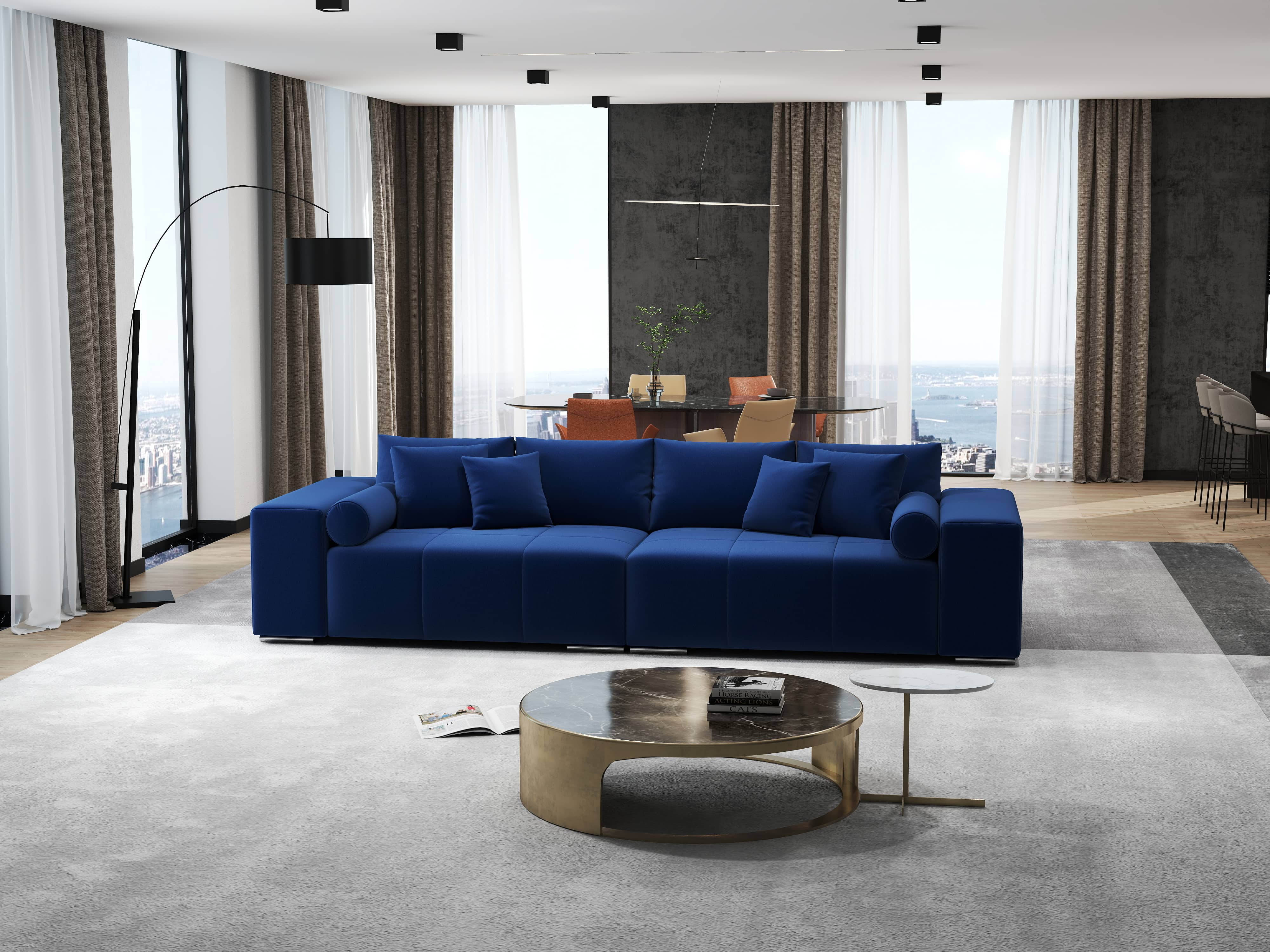 Canapea extensibilă dumonde cu ladă de depozitare si sezut confortabil din spuma HR, Marbela Royal Blue XXL 295x100 cm fabrica