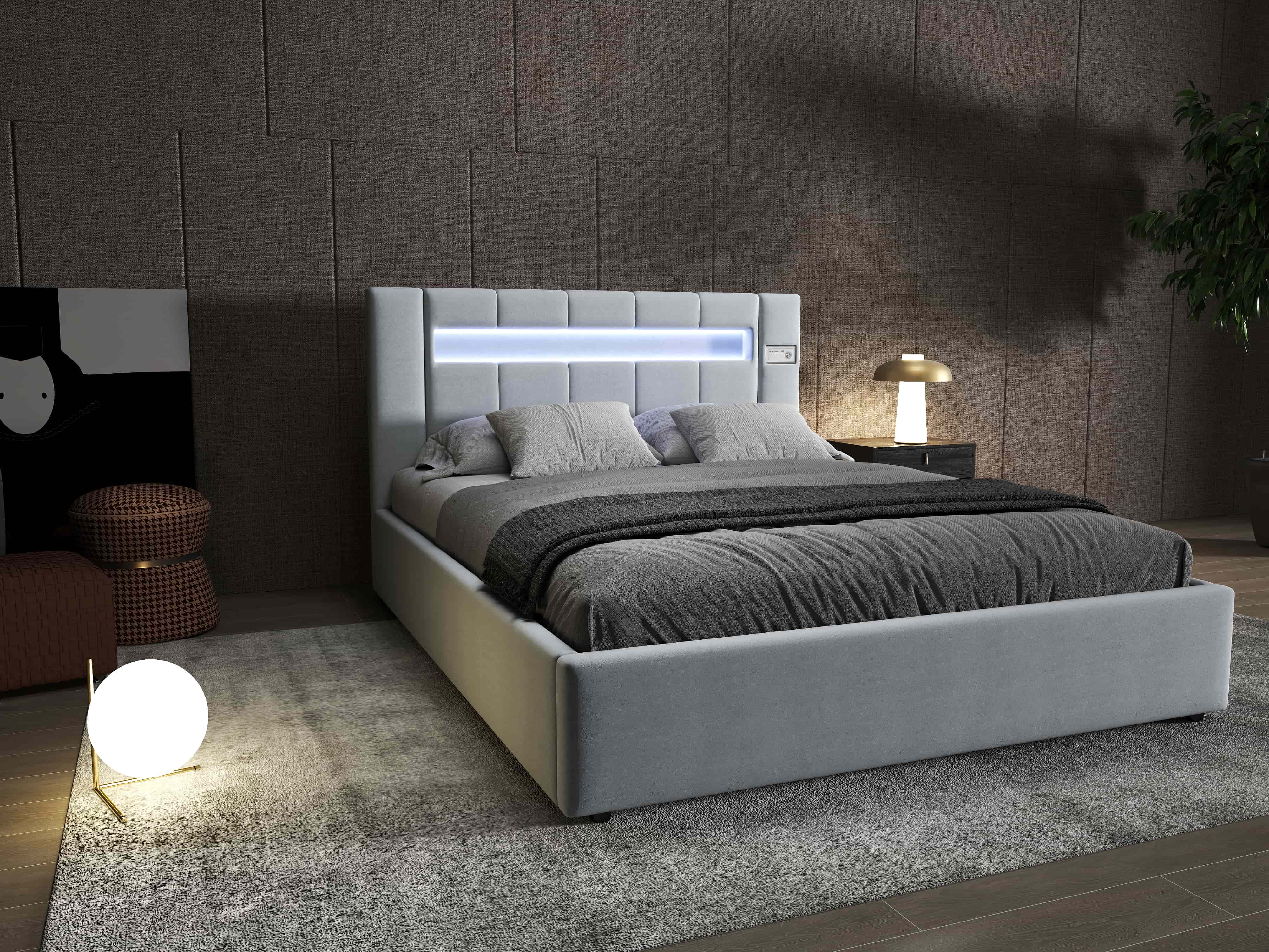 Pat dormitor dumonde, tapitat gri, Glow 180x200 cm, somiera rabatabila inclusa, spatiu depozitare WLS