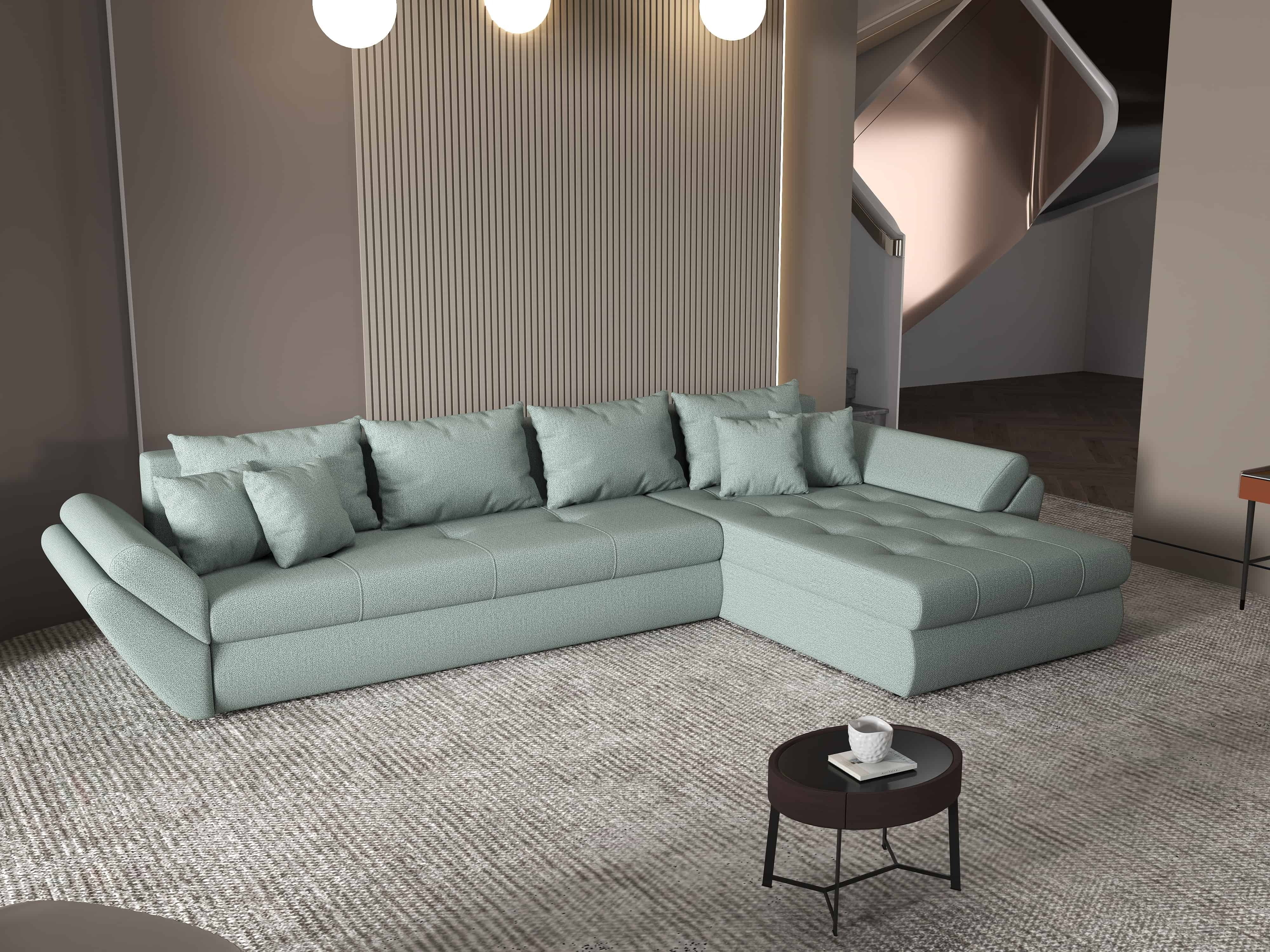 Colțar extensibil dumonde cu ladă de depozitare si sezut confortabil din spuma HR, Loana XL Enjoy Mint II 335x185 cm Fabrica