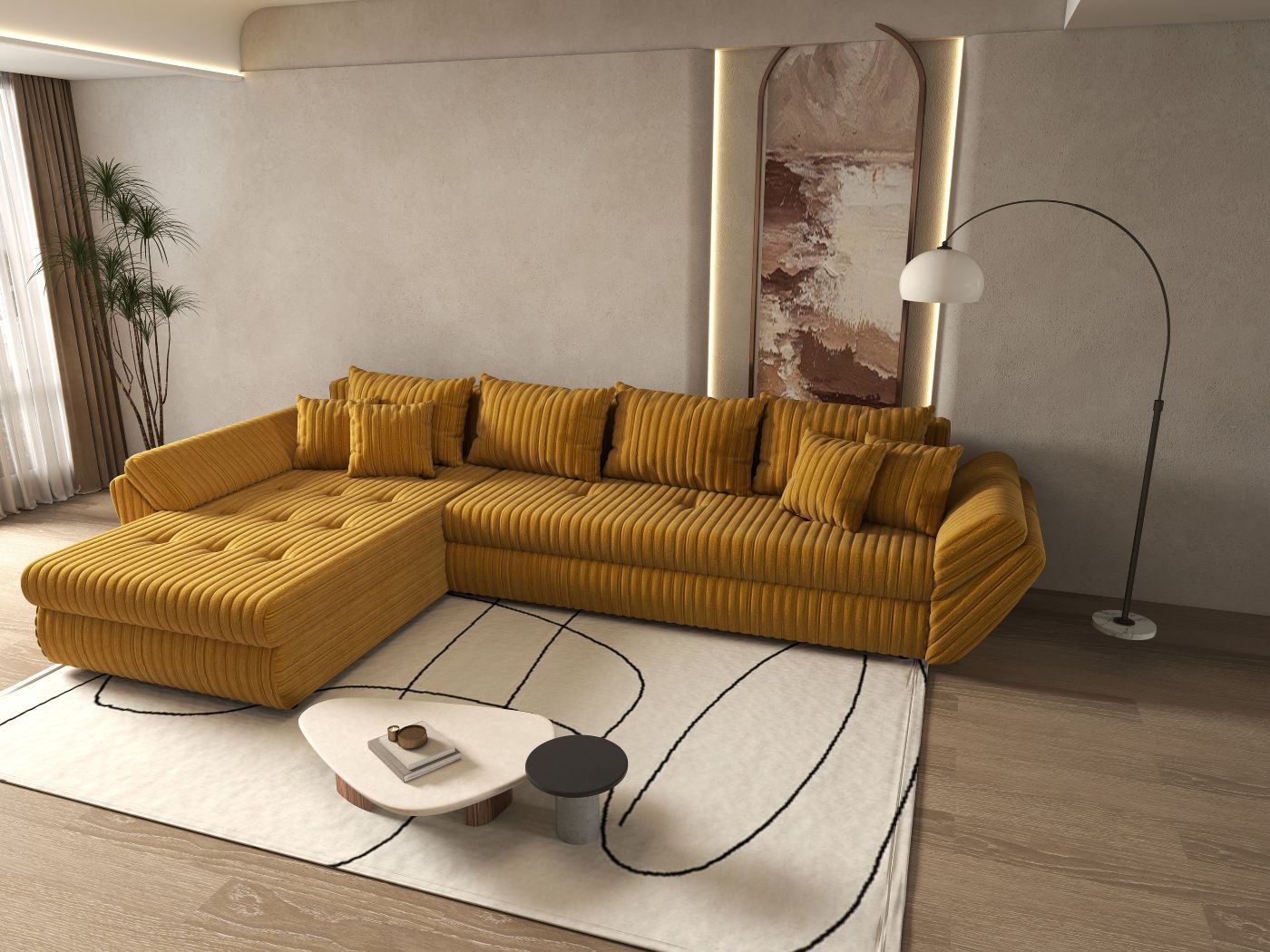 Colțar extensibil dumonde cu ladă de depozitare si sezut confortabil din spuma HR, Loana XL Ambience Mustar 335x185 cm Fabrica