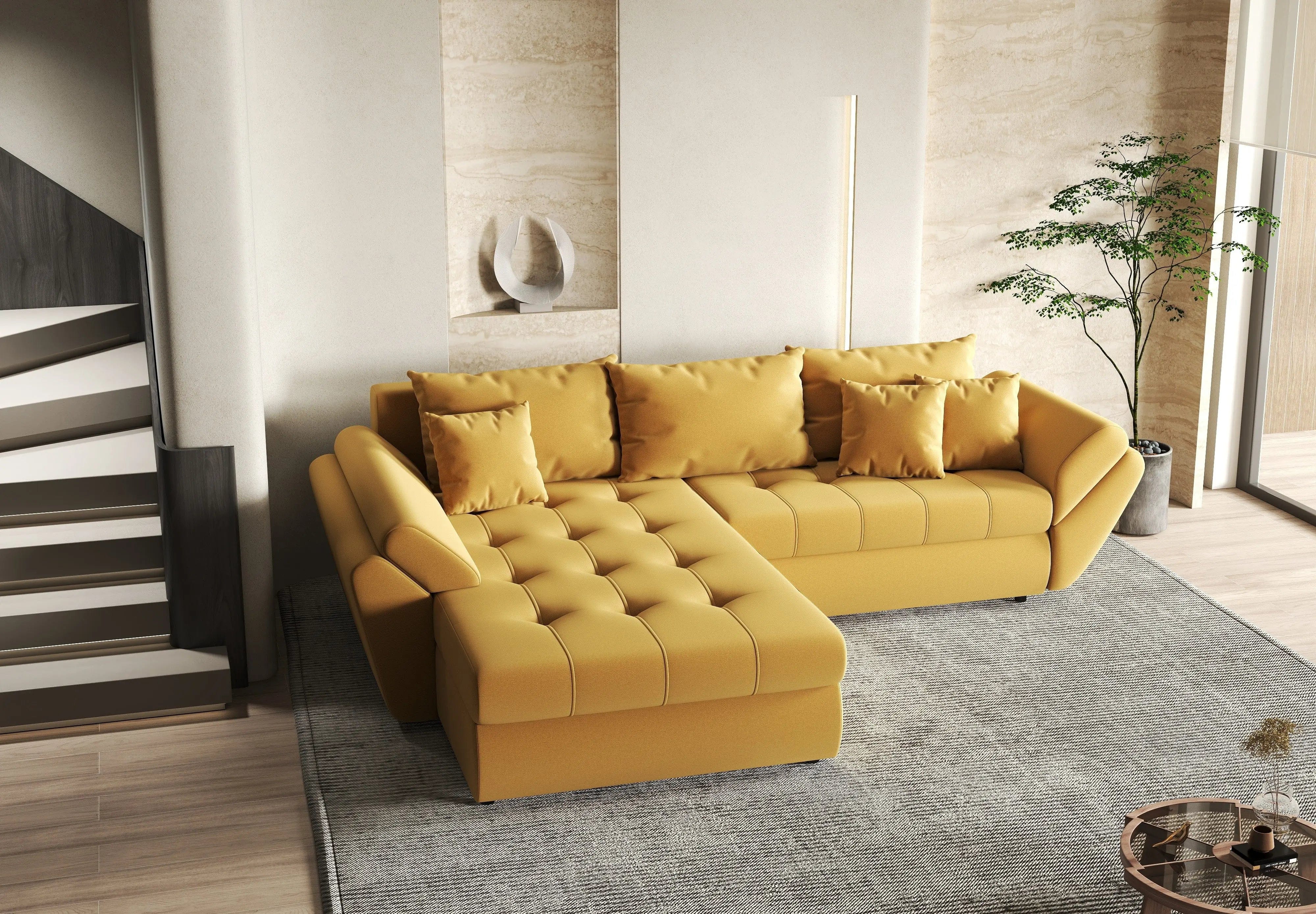 Colțar extensibil dumonde cu ladă de depozitare si sezut confortabil din spuma HR, Loana Muștar 270x185 cm Fabrica