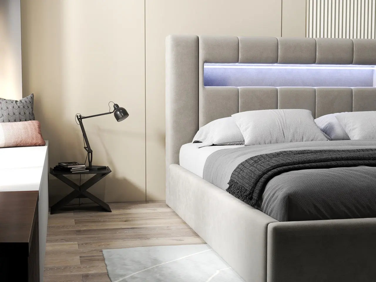 Pat dormitor dumonde, tapitat bej, Glow 160x200 cm, somiera rabatabila inclusa, spatiu depozitare WLS