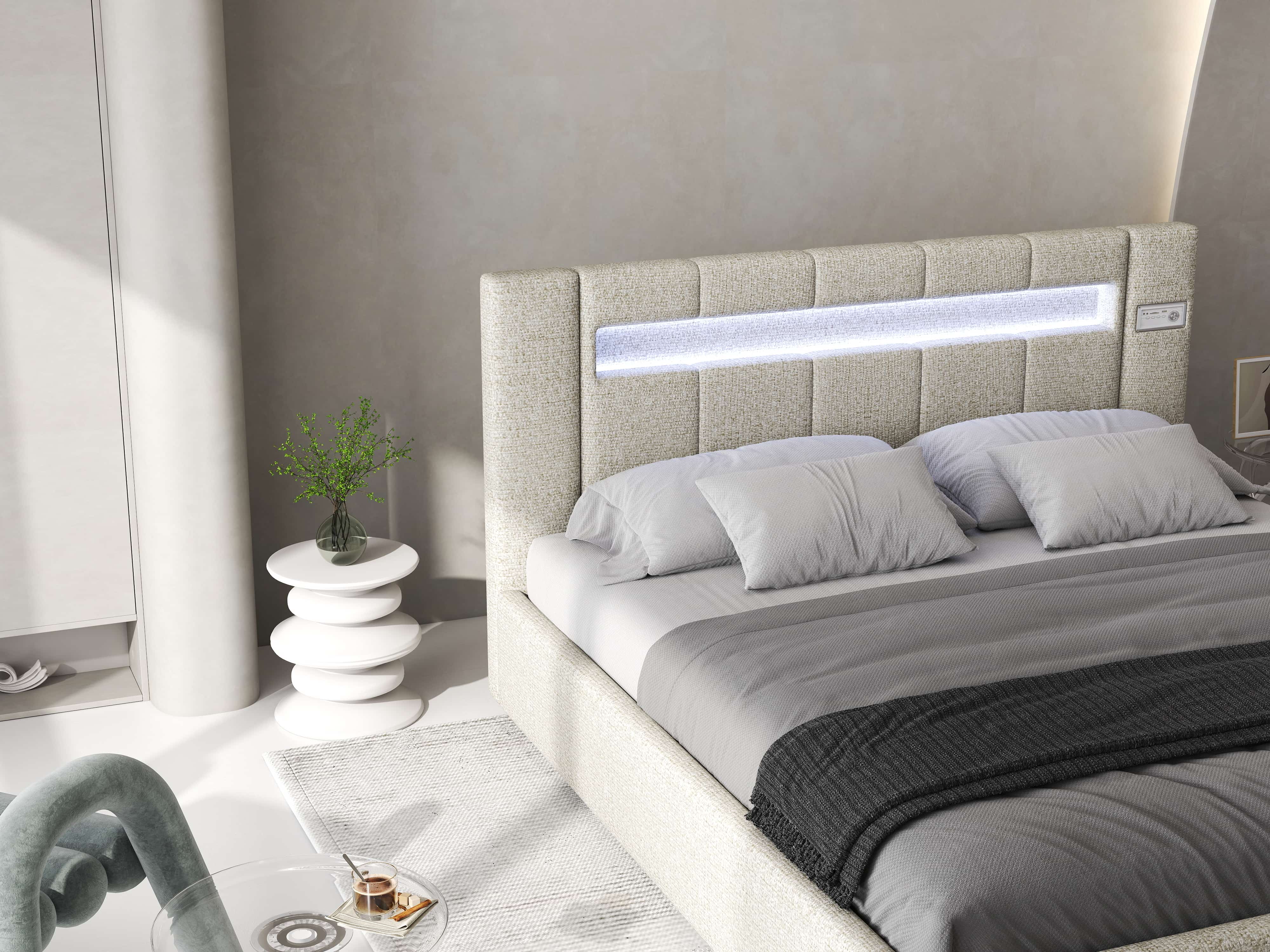 Pat dormitor dumonde, tapitat gri, Glow 180x200 cm, somiera rabatabila inclusa, spatiu depozitare WLS