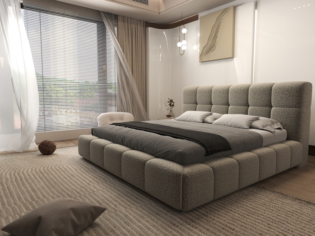 Dumonde hálószobai ágy, bézs kárpitozott, Lorenzo 180x200 cm, felnyitható ágyráccsal, tárolóhellyel