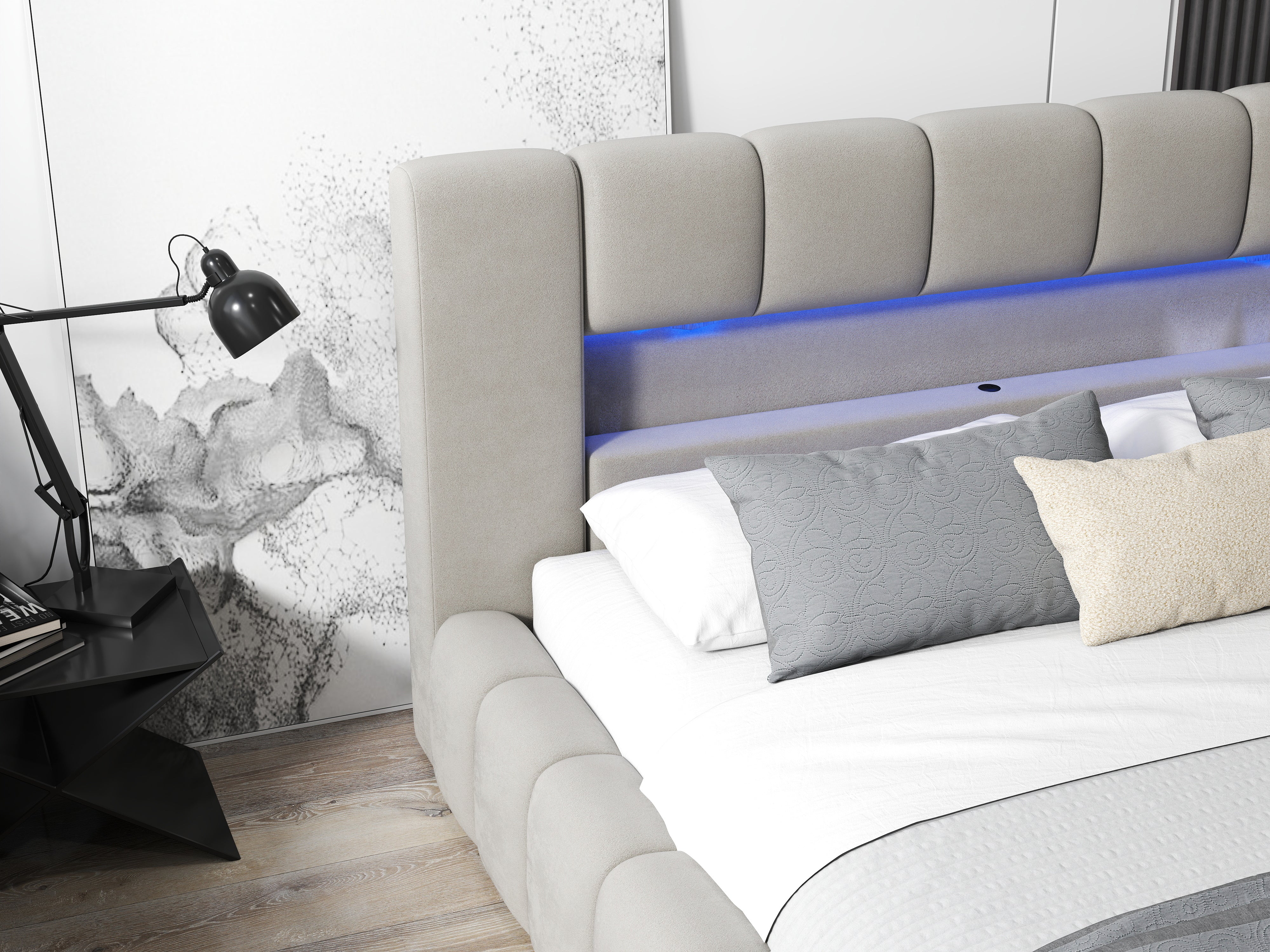 Pat dormitor dumonde, tapitat bej cu LED si USB, Palermo 140x200 cm, somiera rabatabila inclusa, spatiu depozitare WLS