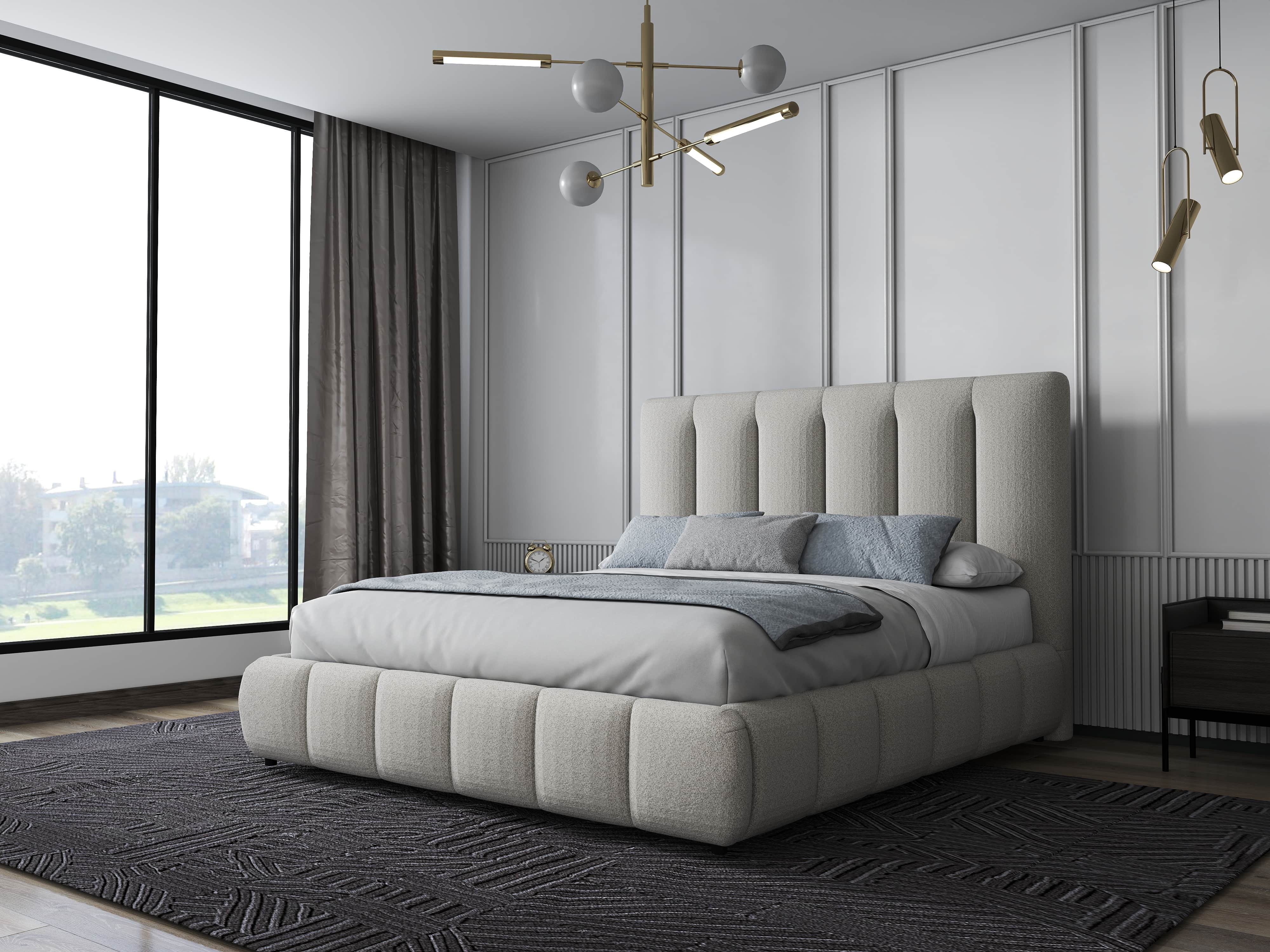 Pat dormitor dumonde, tapitat gri, Divaneo 160x200 cm, somiera rabatabila inclusa, spatiu depozitare WLS