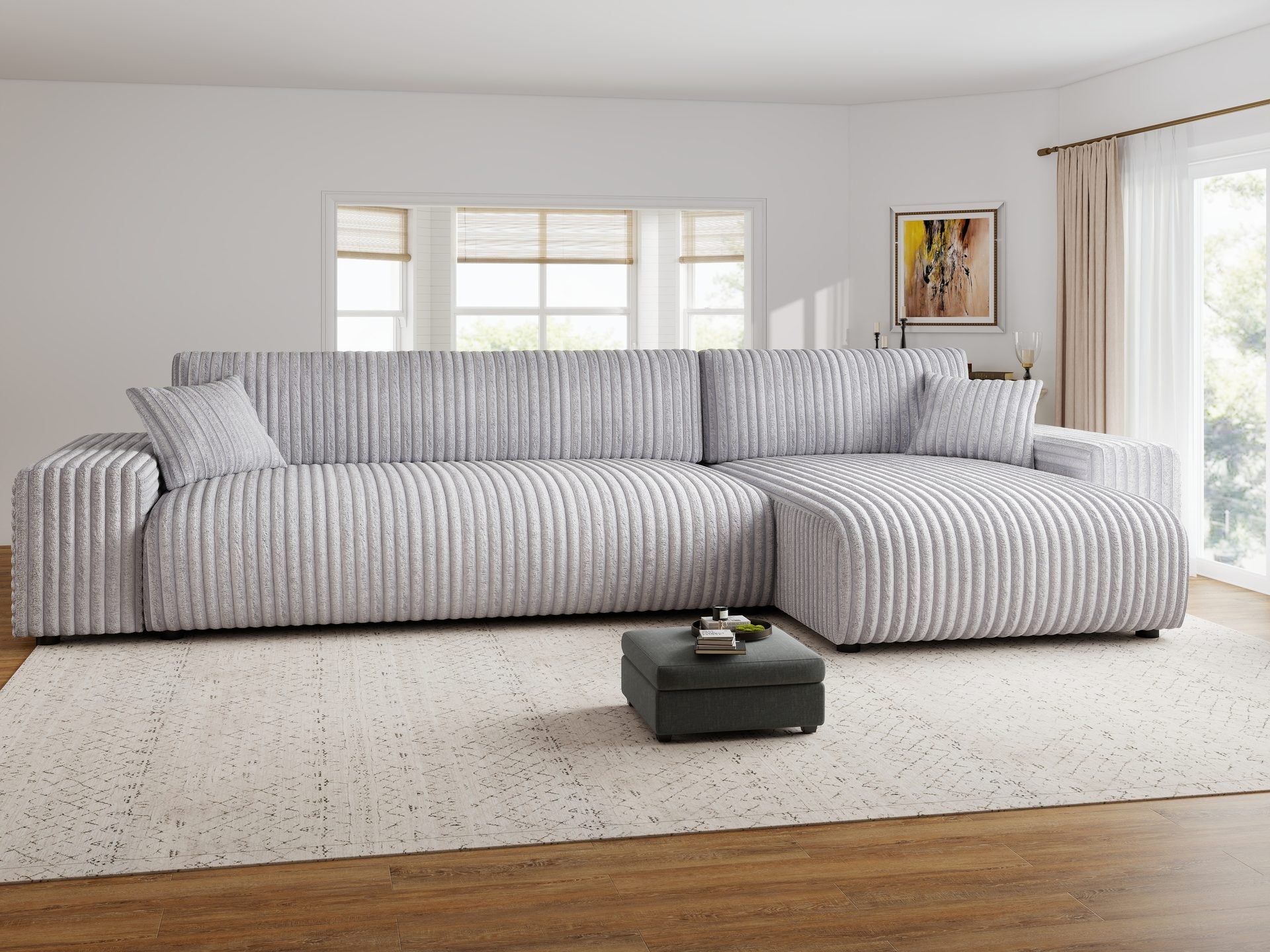 Dumonde kihúzható sarokkanapé tárolórekesszel és kényelmes, nagy sűrűségű habszivacs ülőfelülettel, Justin Tilia gri 294x144 cm