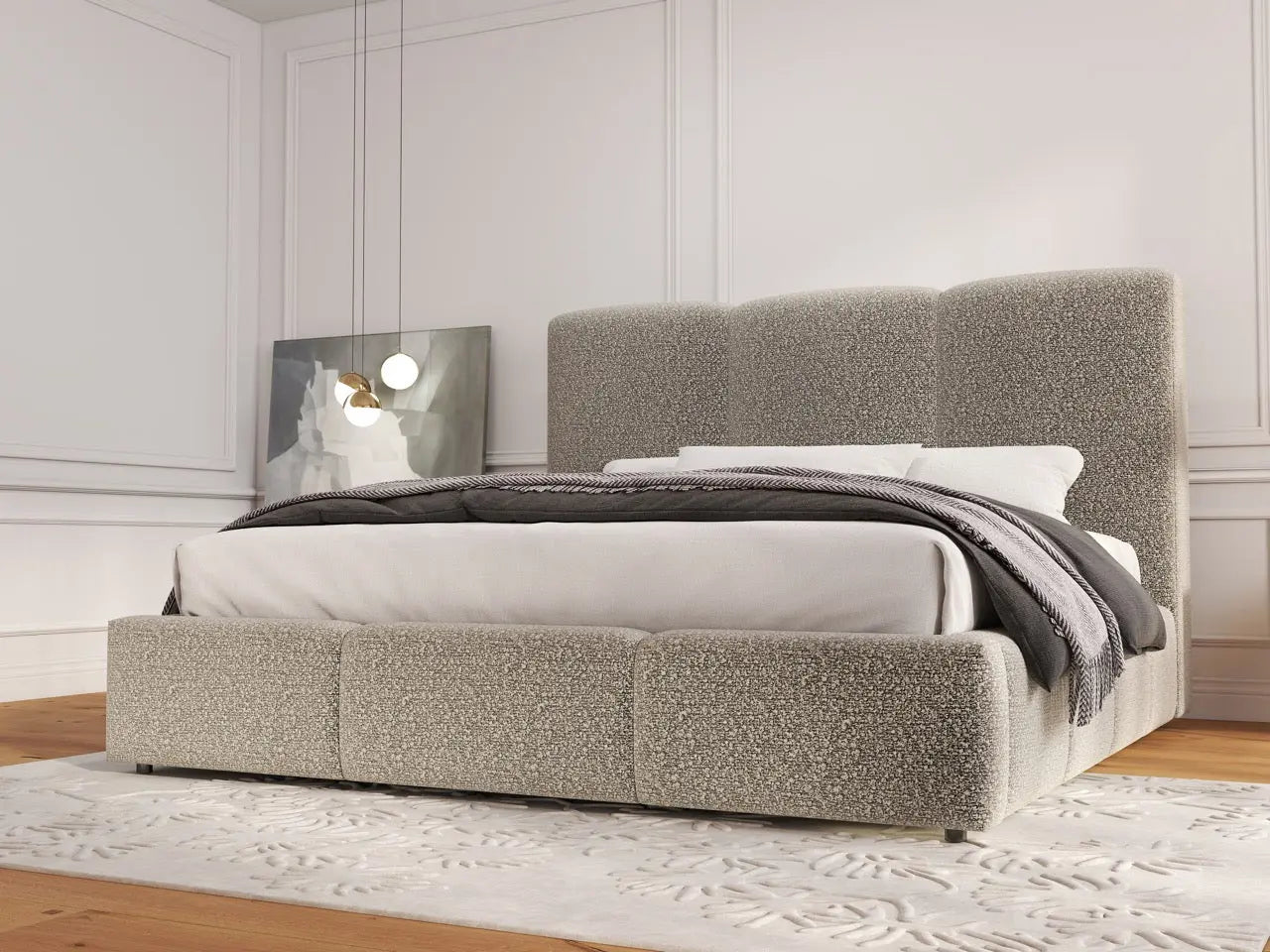Pat dormitor dumonde, tapitat gri, Dinasty 160x200 cm, somiera rabatabila inclusa, spatiu depozitare WLS