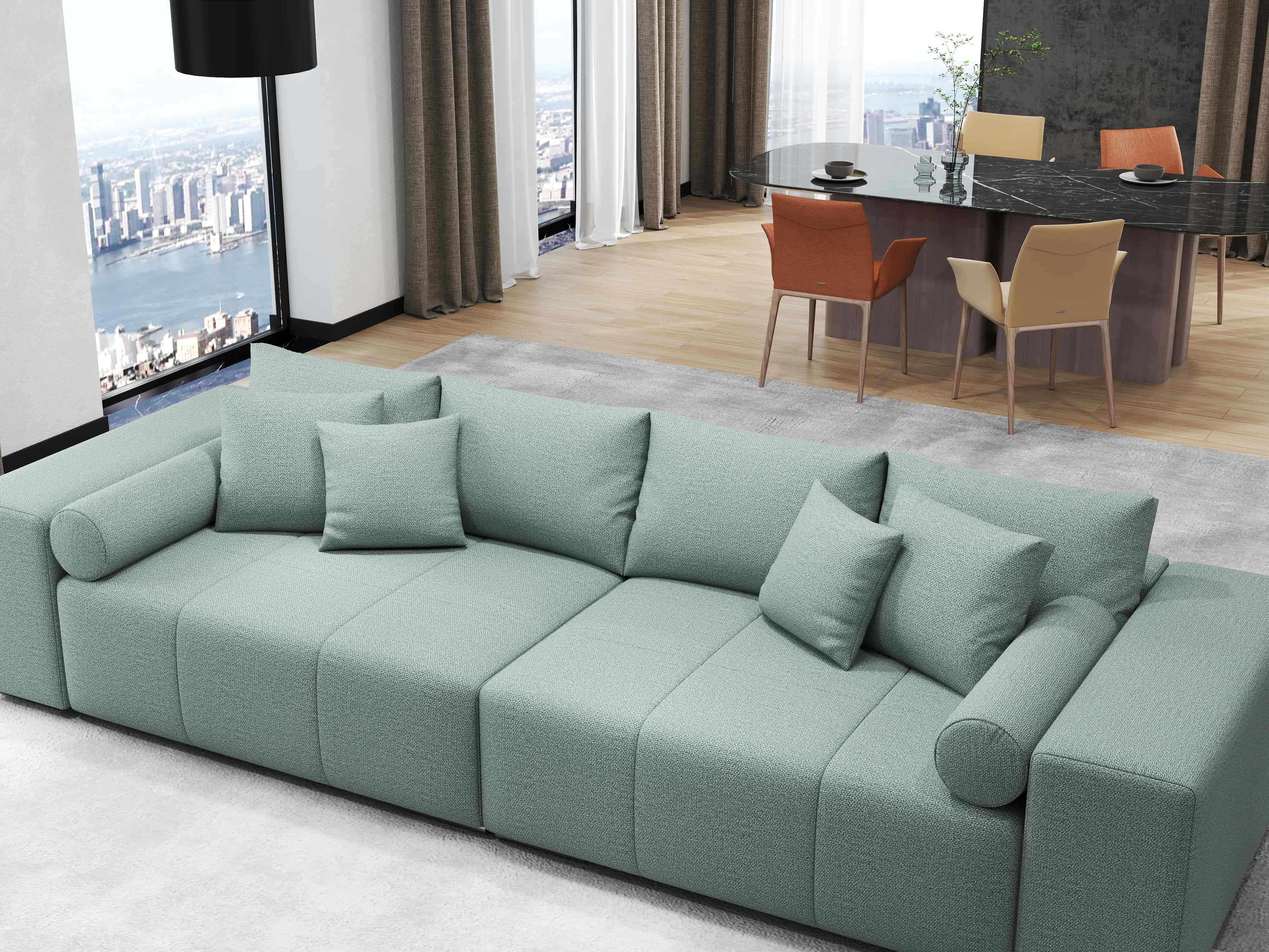 Canapea extensibilă dumonde cu ladă de depozitare si sezut confortabil din spuma HR, Marbela Enjoy Mint XXL 295x100 cm fabrica