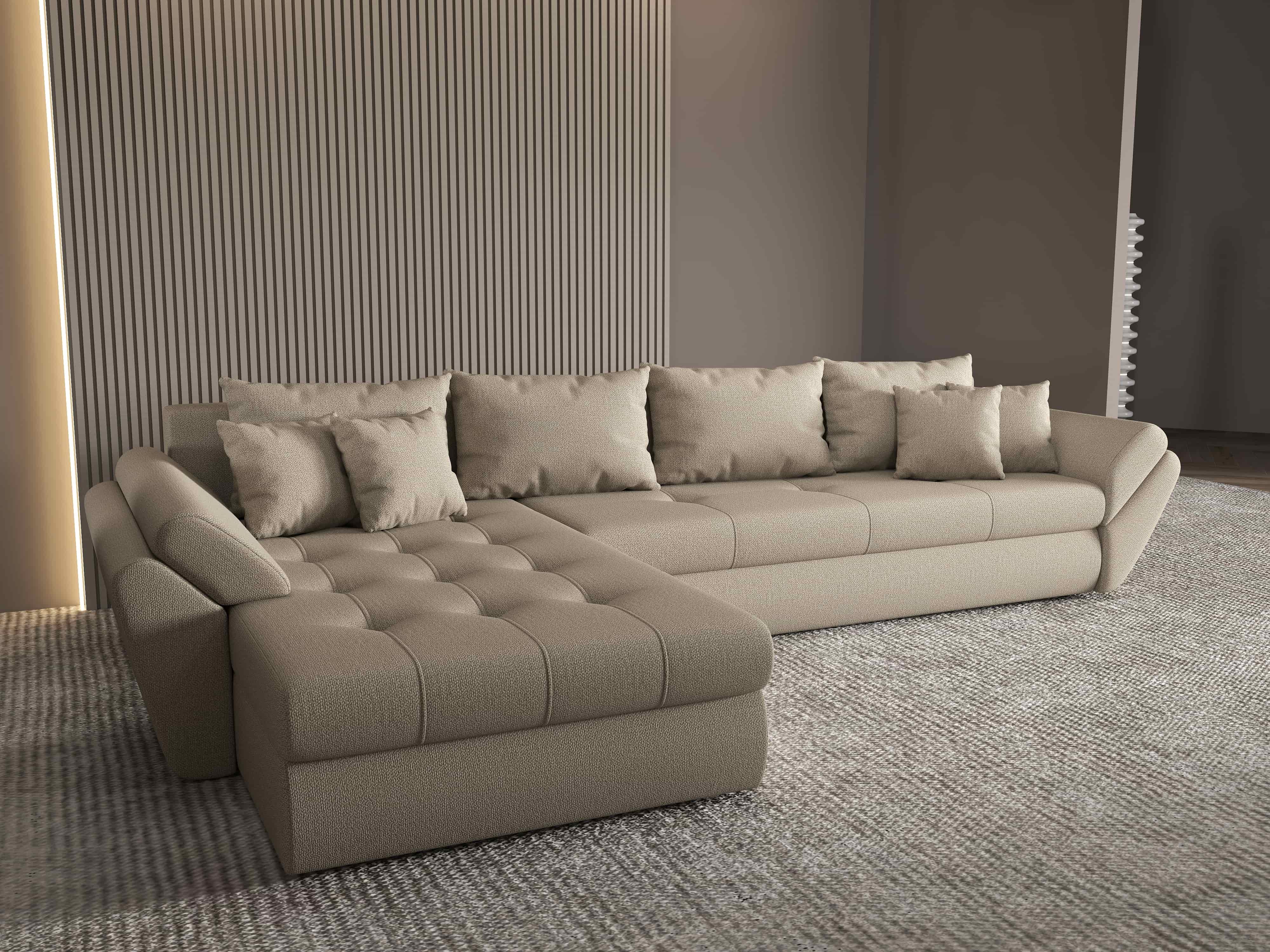Colțar extensibil dumonde cu ladă de depozitare si sezut confortabil din spuma HR, Loana XL Enjoy Camel 335x185 cm Fabrica