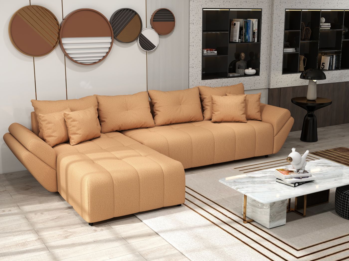 Colțar extensibil dumonde cu ladă de depozitare si sezut confortabil din spuma HR, Berlin XL Enjoy Mango 350x185 cm II Fabrica