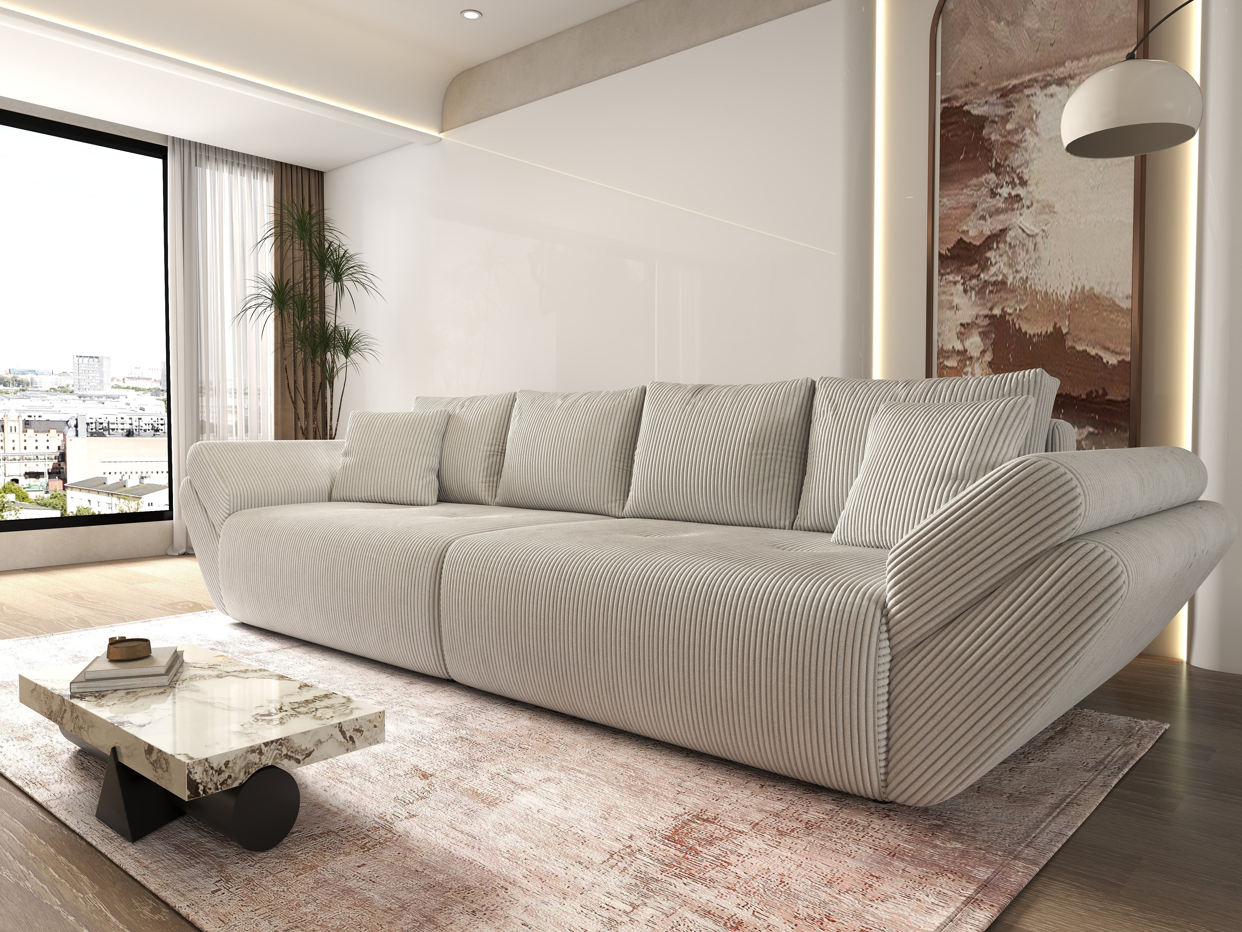 Canapea extensibilă dumonde cu ladă de depozitare si sezut confortabil din spuma HR, Berlin Zoom Cream 300x100 cm Fabrica