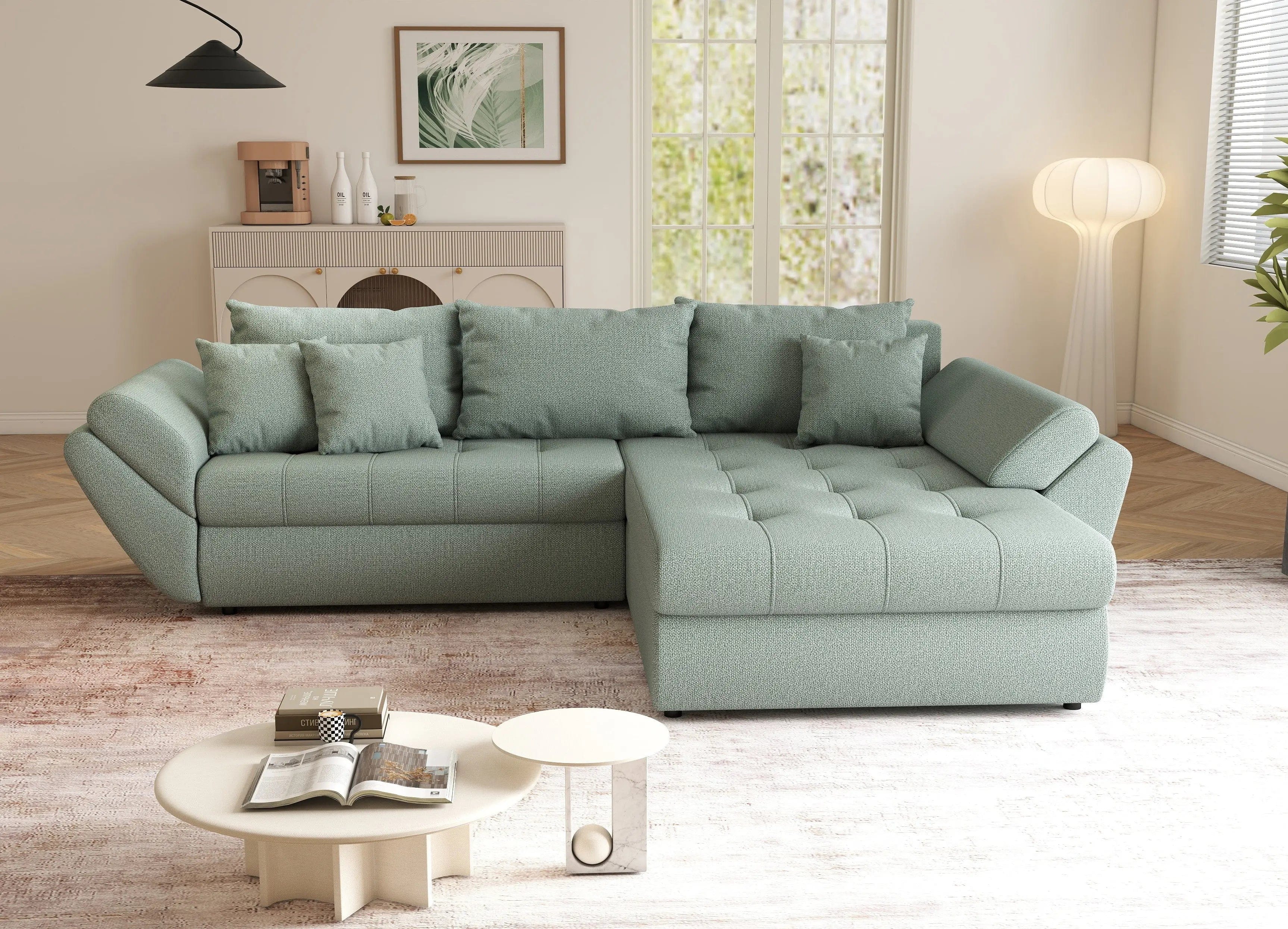 Colțar extensibil dumonde cu ladă de depozitare si sezut confortabil din spuma HR, Loana Mint II 270x185 cm Fabrica