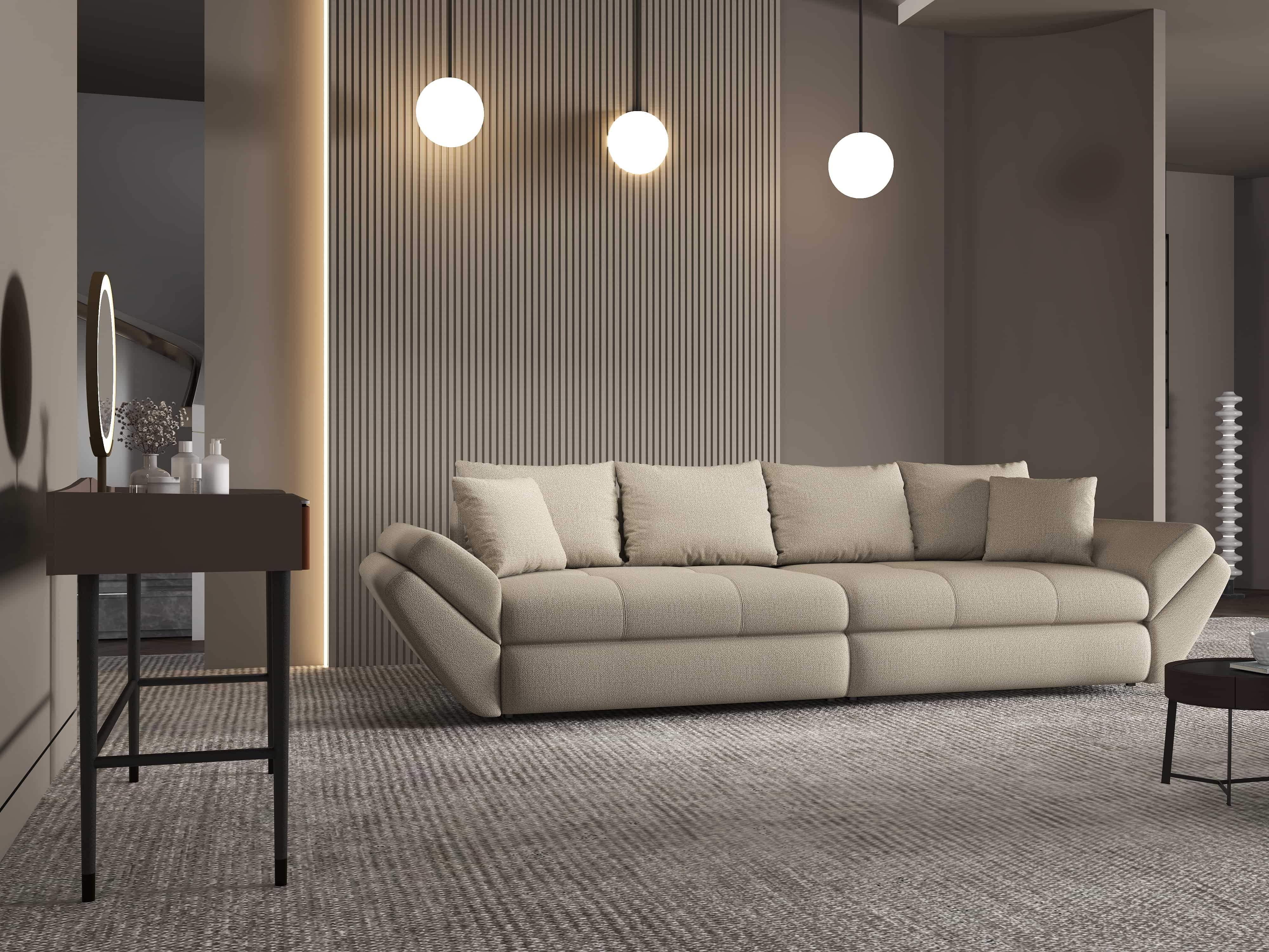 Canapea extensibilă dumonde cu ladă de depozitare si sezut confortabil din spuma HR, Loana Enjoy Camel 300x100 cm Fabrica