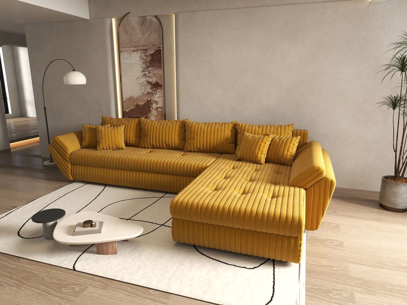 Colțar extensibil dumonde cu ladă de depozitare si sezut confortabil din spuma HR, Loana XL Ambience Mustar II 335x185 cm Fabrica