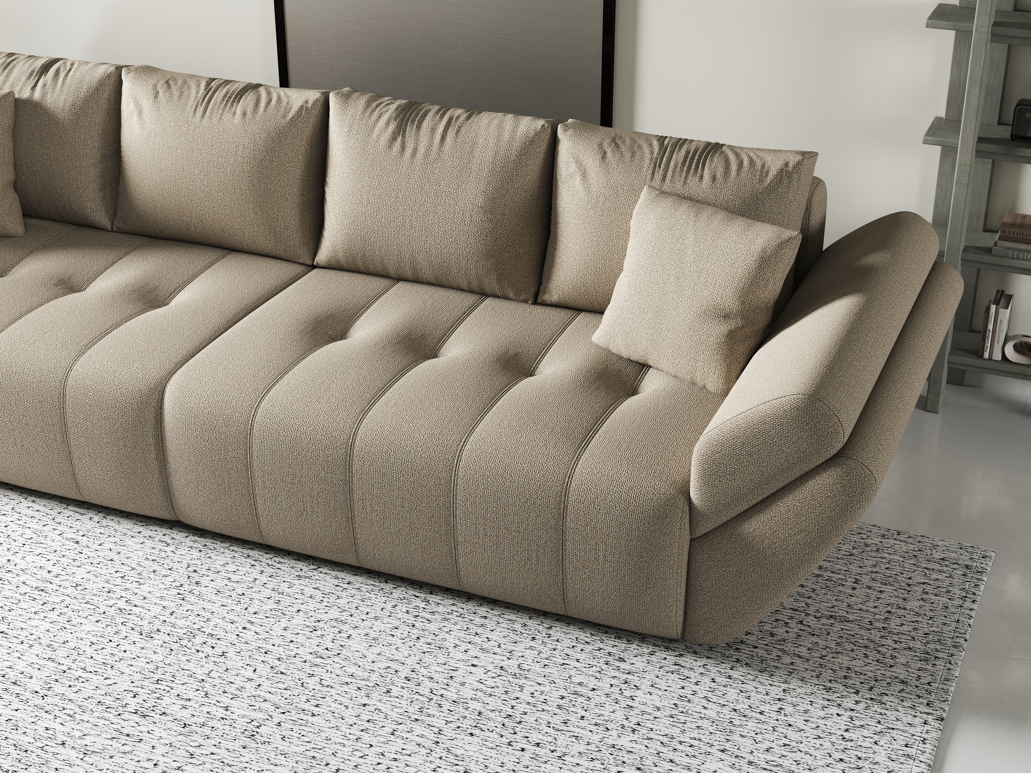 Canapea extensibilă dumonde cu ladă de depozitare si sezut confortabil din spuma HR, Berlin Enjoy Camel 300x100 cm Fabrica