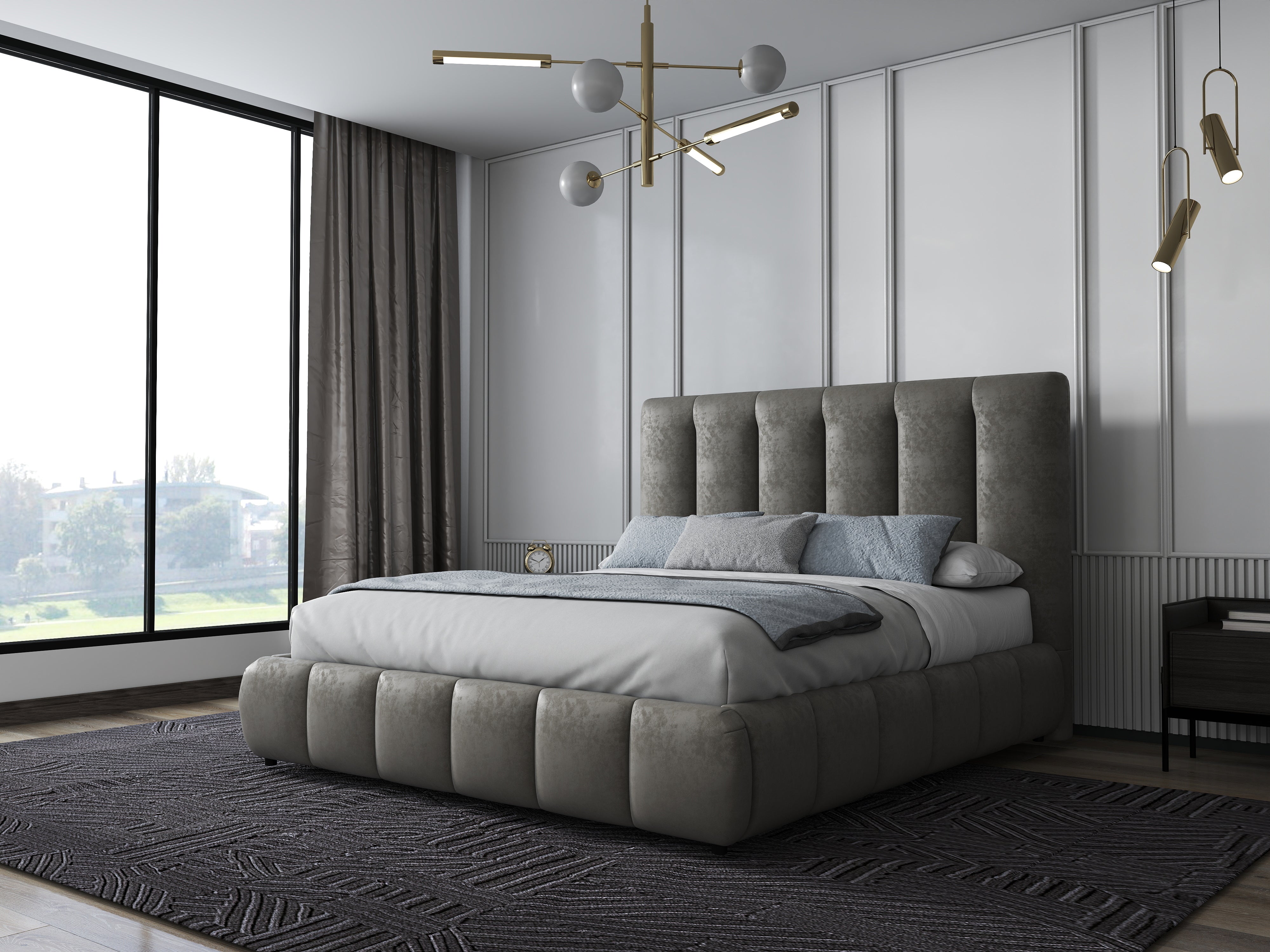 Pat dormitor dumonde, tapitat bej, Divaneo 140x200 cm, somiera rabatabila inclusa, spatiu depozitare WLS