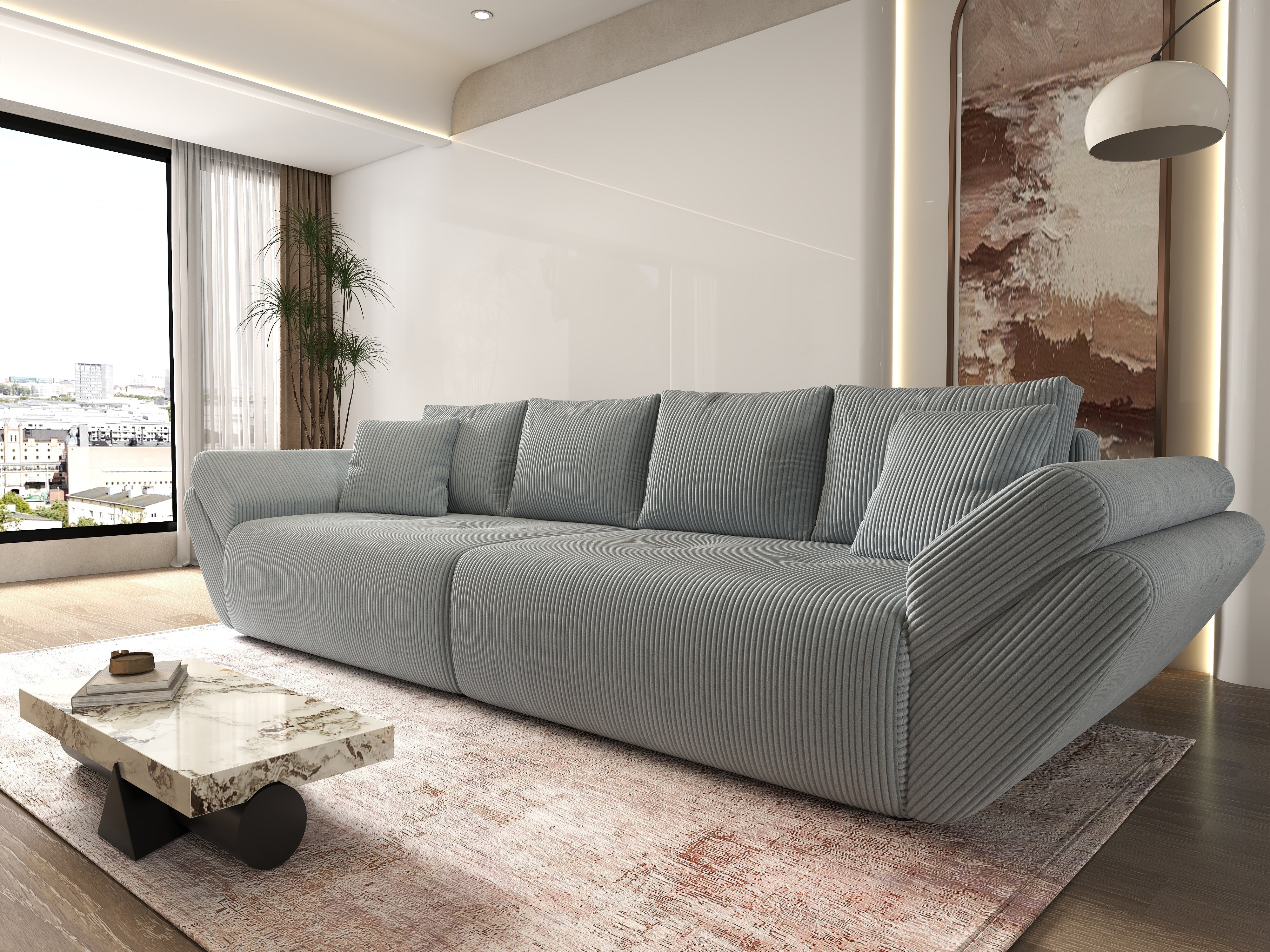 Canapea extensibilă dumonde cu ladă de depozitare si sezut confortabil din spuma HR, Berlin Zoom Gri 300x100 cm Fabrica
