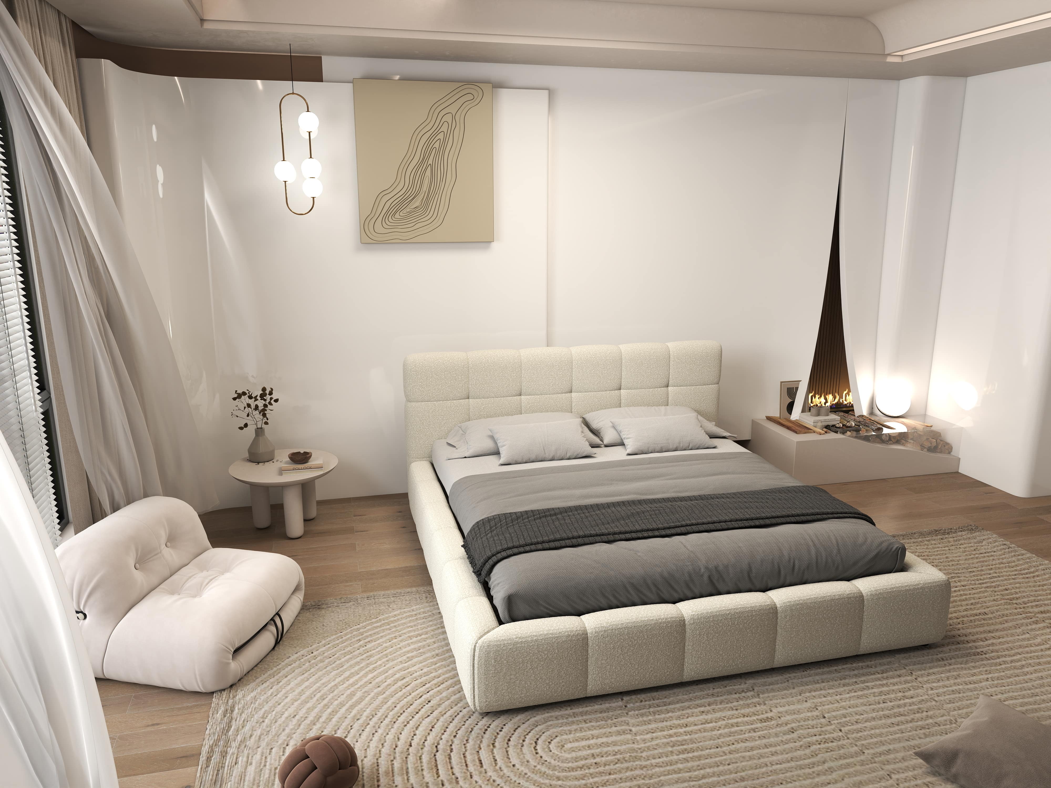 Pat dormitor dumonde, tapitat bej, Lorenzo 140x200 cm, somiera rabatabila inclusa, spatiu depozitare WLS